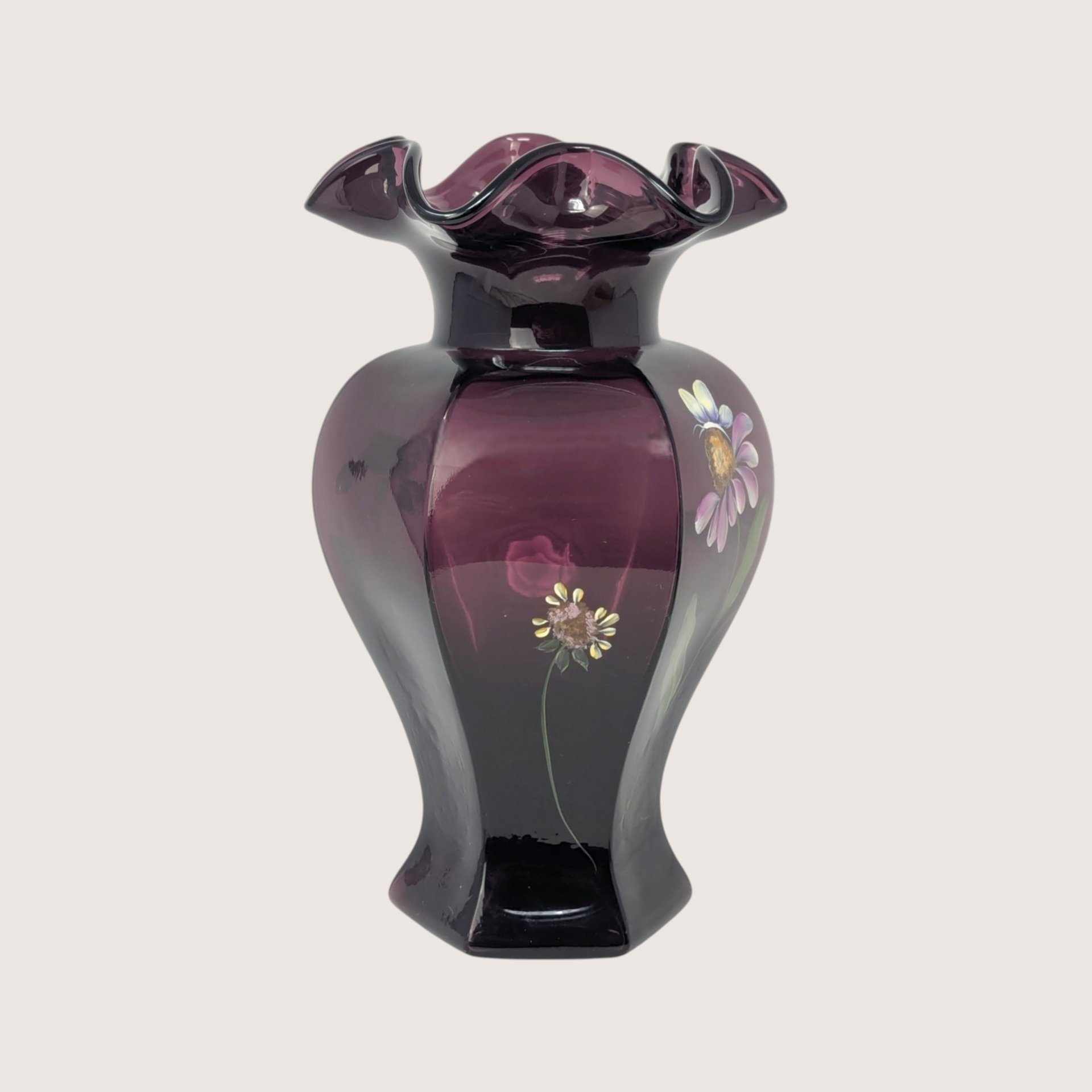 1990s Fenton Mulberry Glass Hand Painted Ruffled Vase