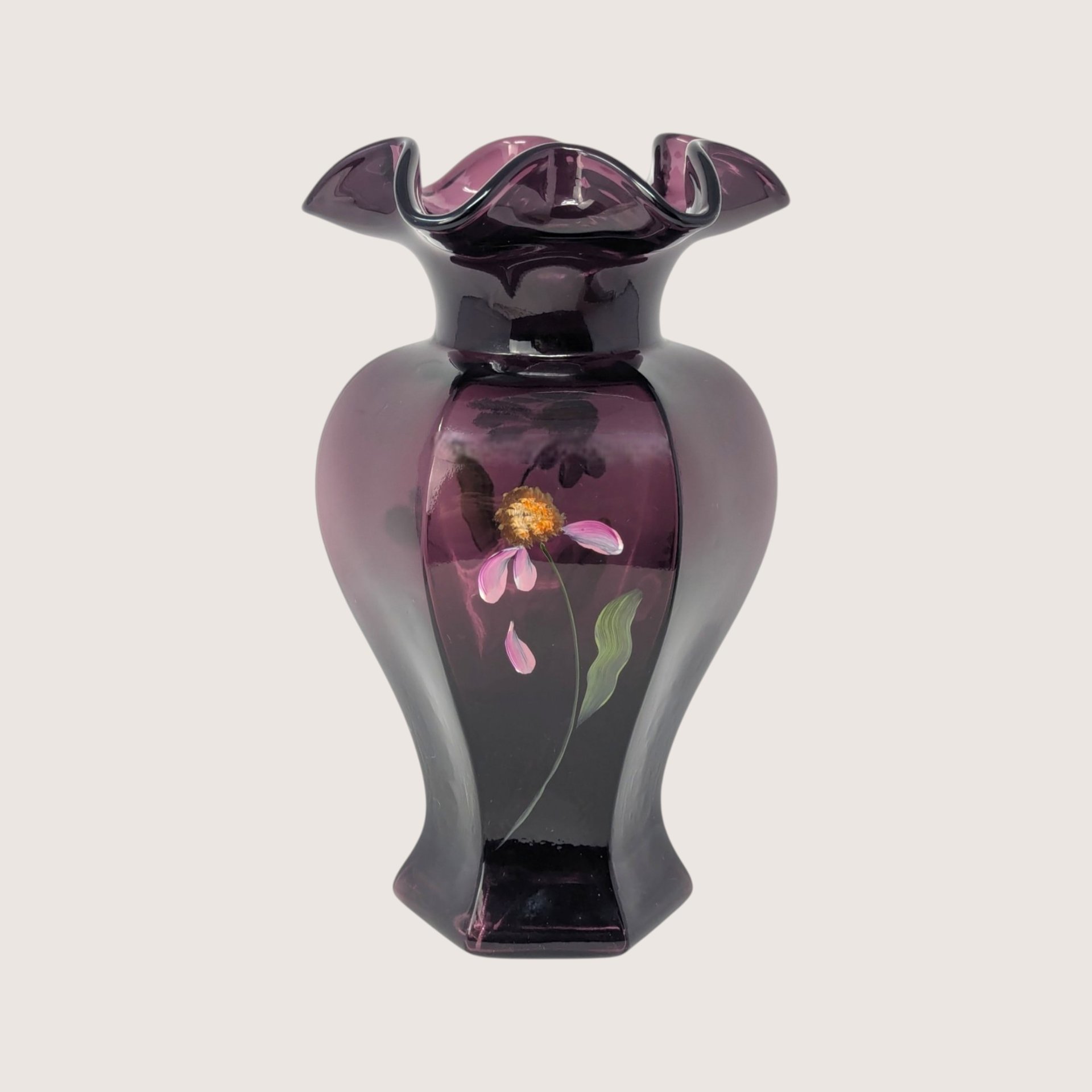 1990s Fenton Mulberry Glass Hand Painted Ruffled Vase