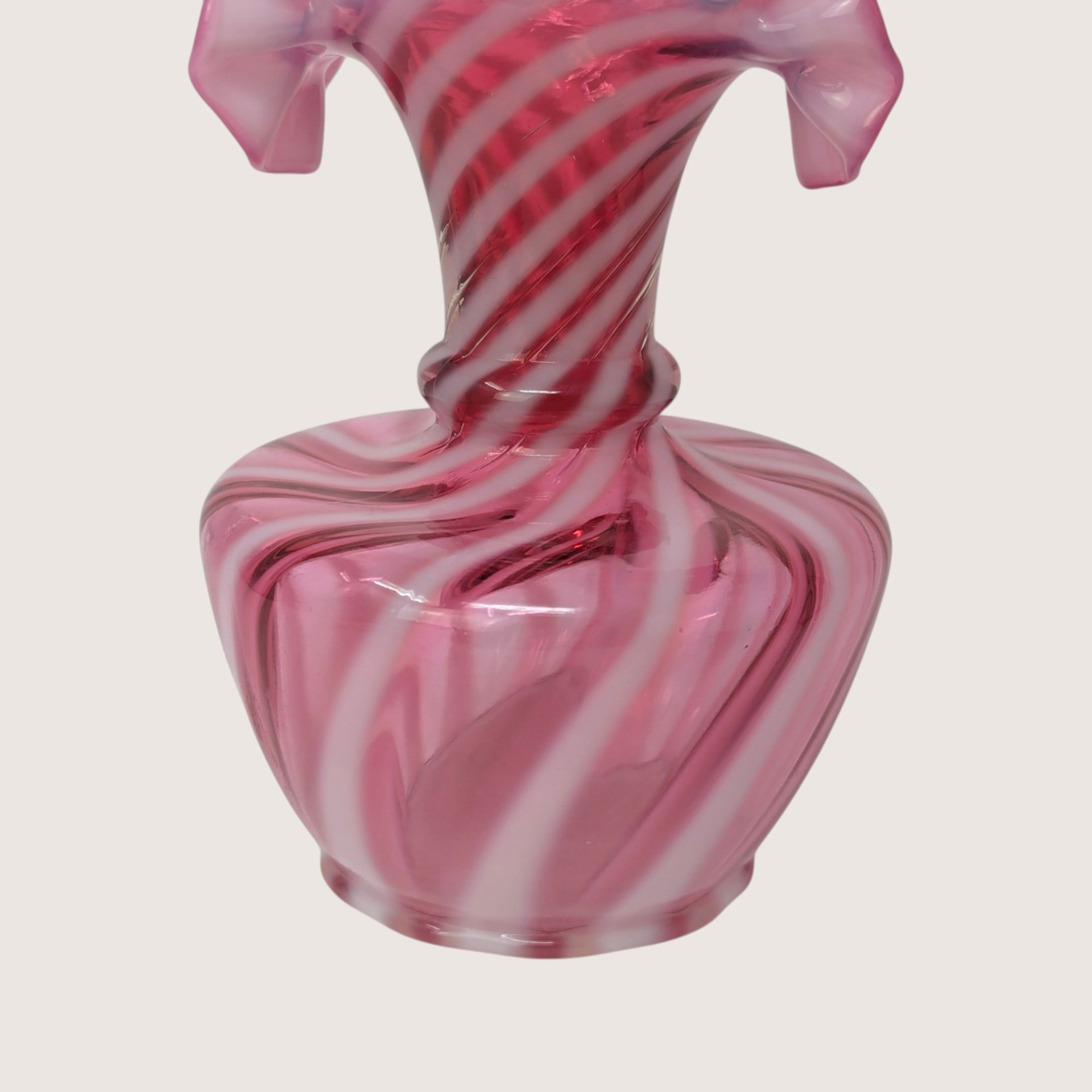 1950s Fenton Cranberry Opalescent Spiral Swirl Fan Top Vase