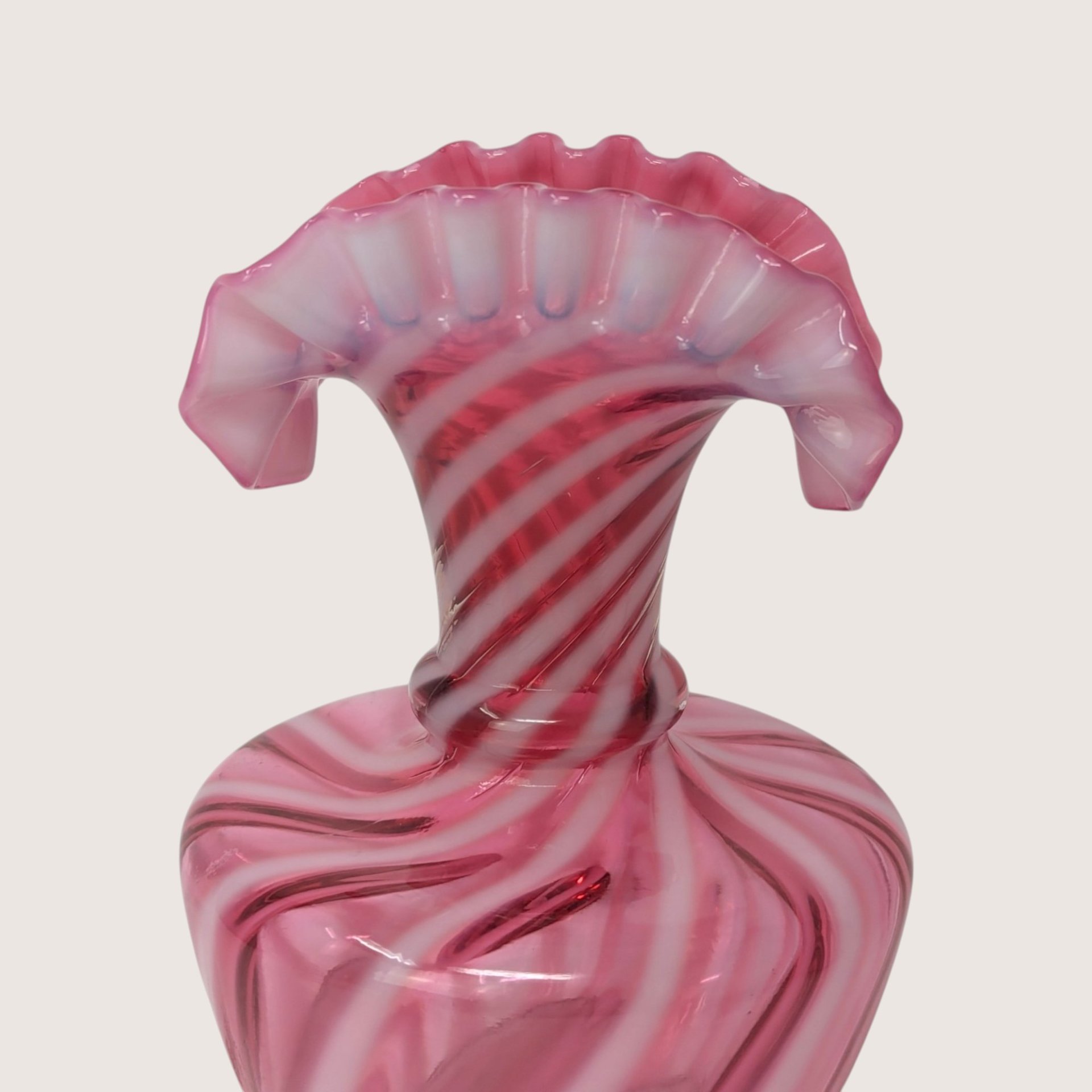 1950s Fenton Cranberry Opalescent Spiral Swirl Fan Top Vase