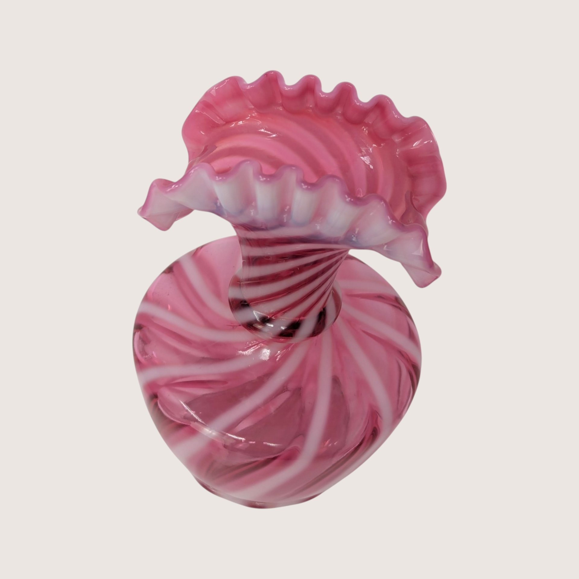 1950s Fenton Cranberry Opalescent Spiral Swirl Fan Top Vase