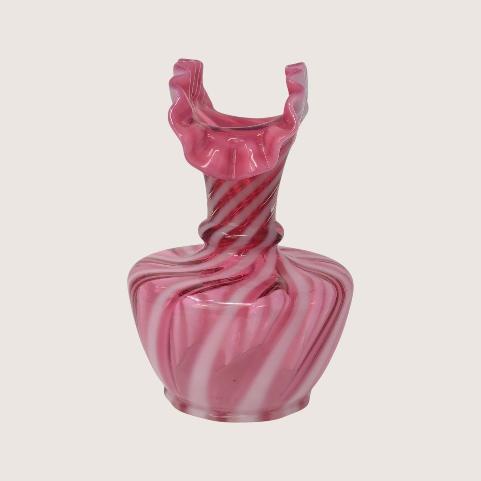 1950s Fenton Cranberry Opalescent Spiral Swirl Fan Top Vase