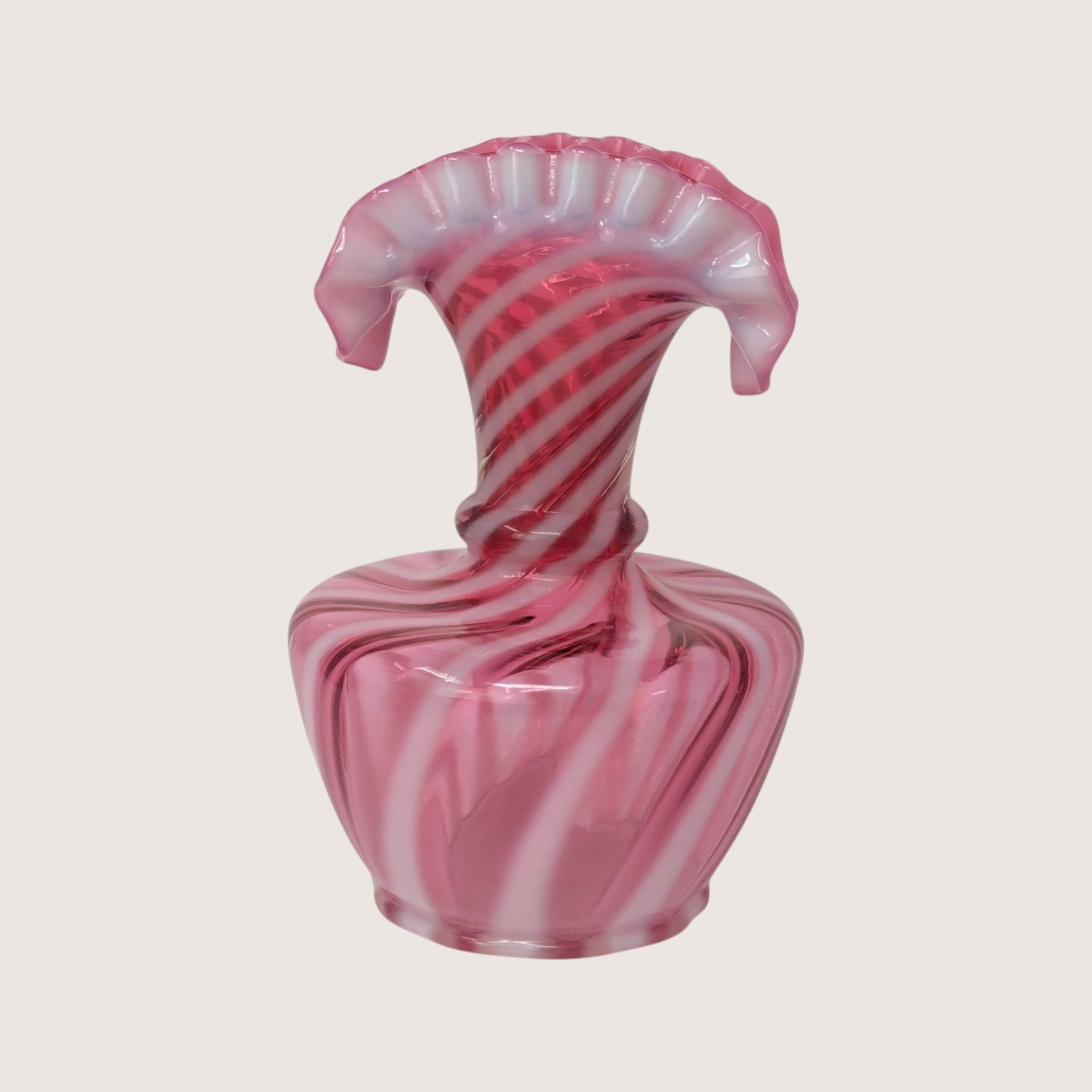 1950s Fenton Cranberry Opalescent Spiral Swirl Fan Top Vase