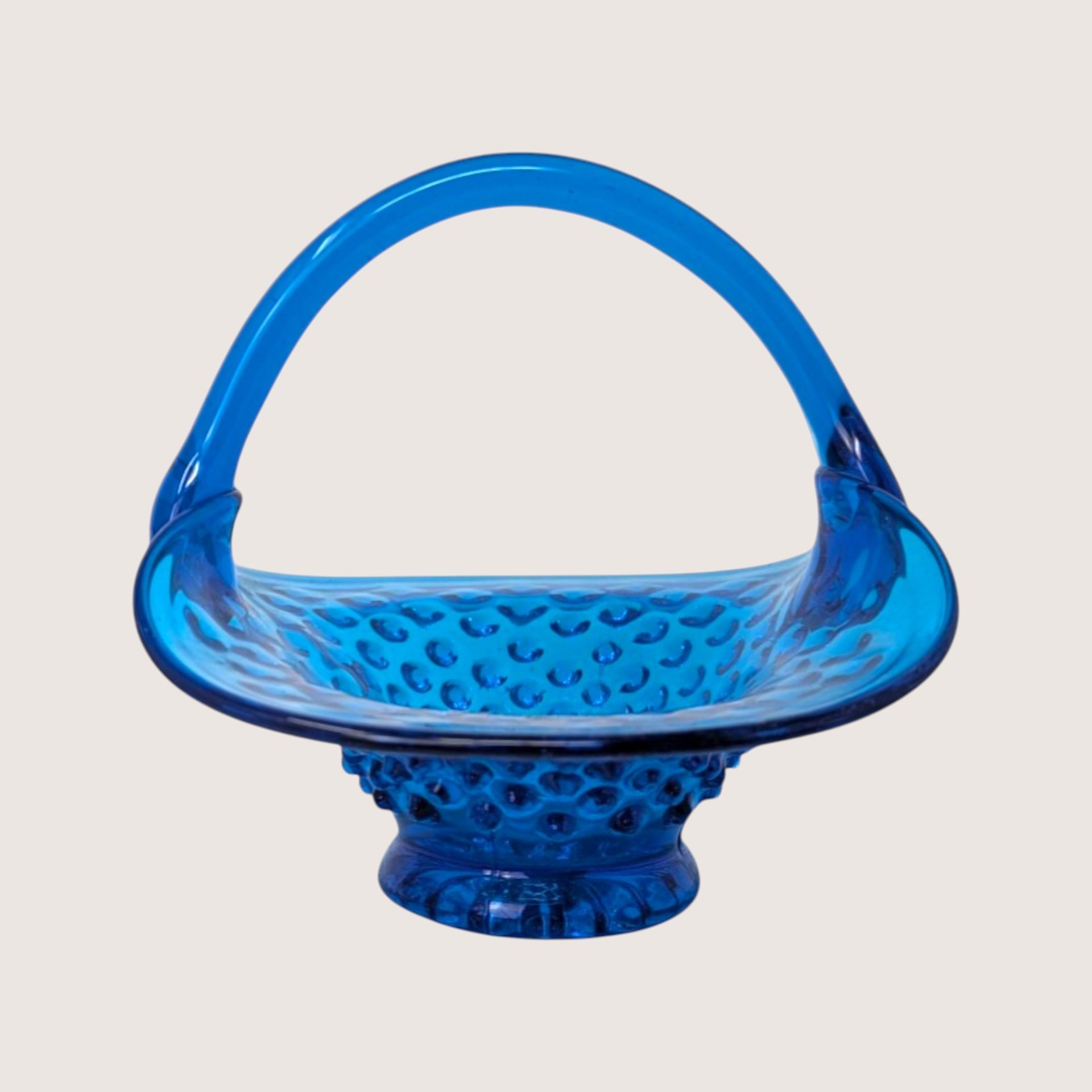 1960s Fenton Colonial Blue Hobnail Glass Basket with Applied Handle