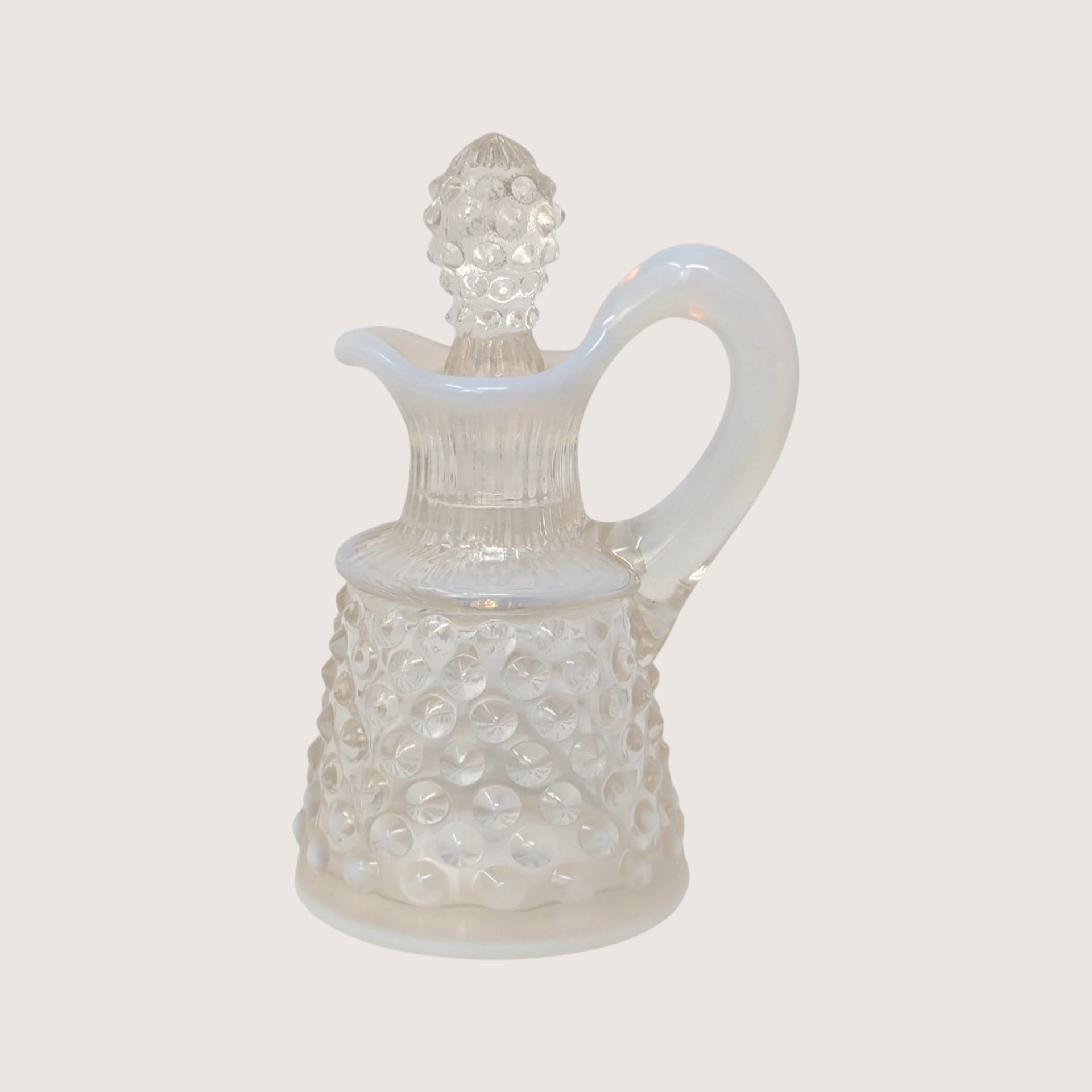 1950s Fenton White Opalescent Hobnail Cruet with Stopper