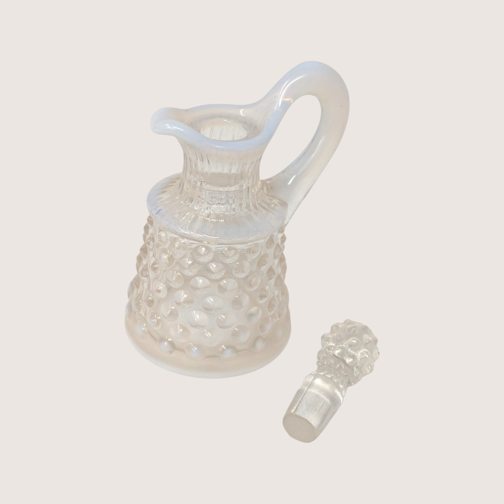 1950s Fenton White Opalescent Hobnail Cruet with Stopper