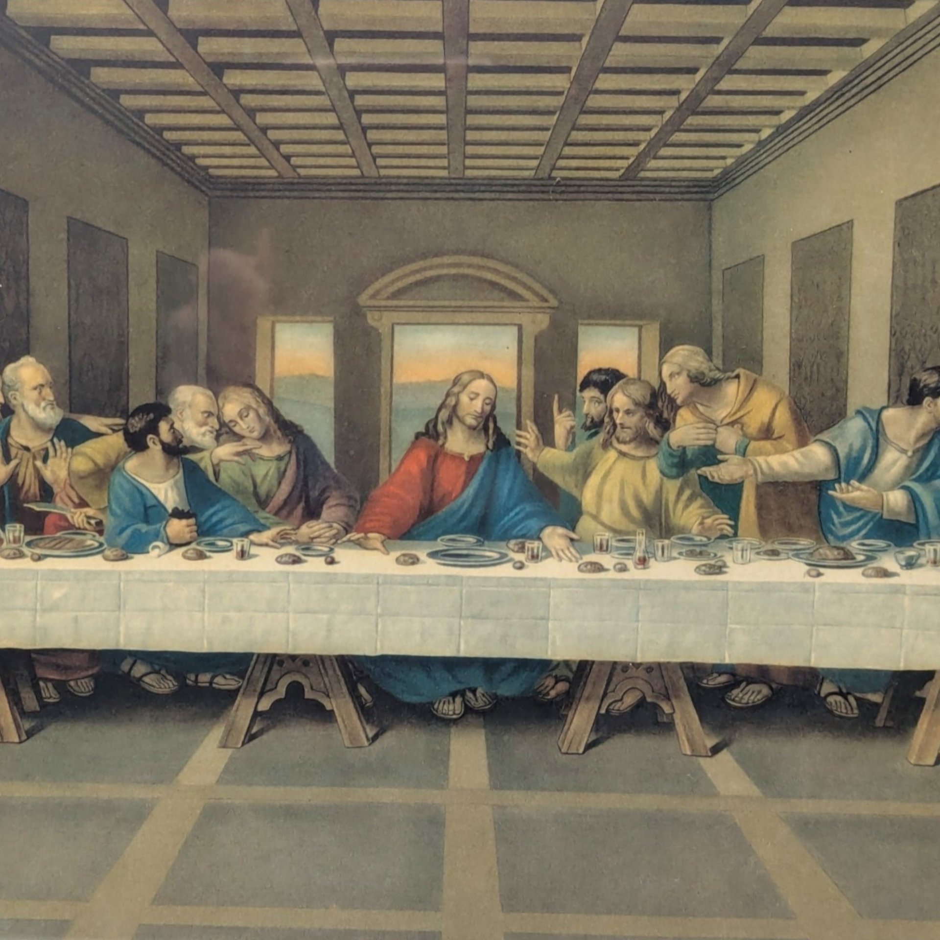 1970s Religious Last Supper Lithograph Print in Twisted Wire Frame