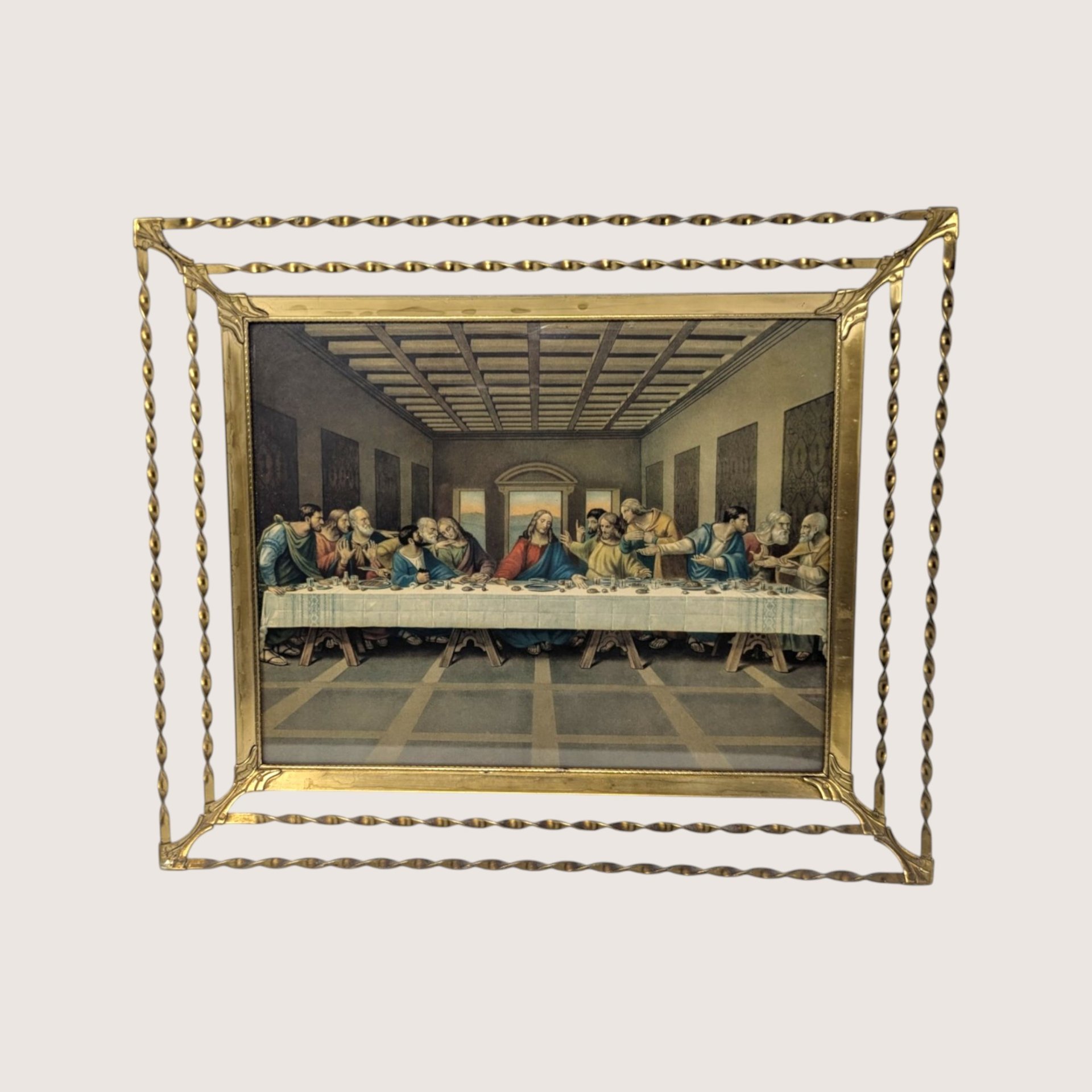 1970s Religious Last Supper Lithograph Print in Twisted Wire Frame