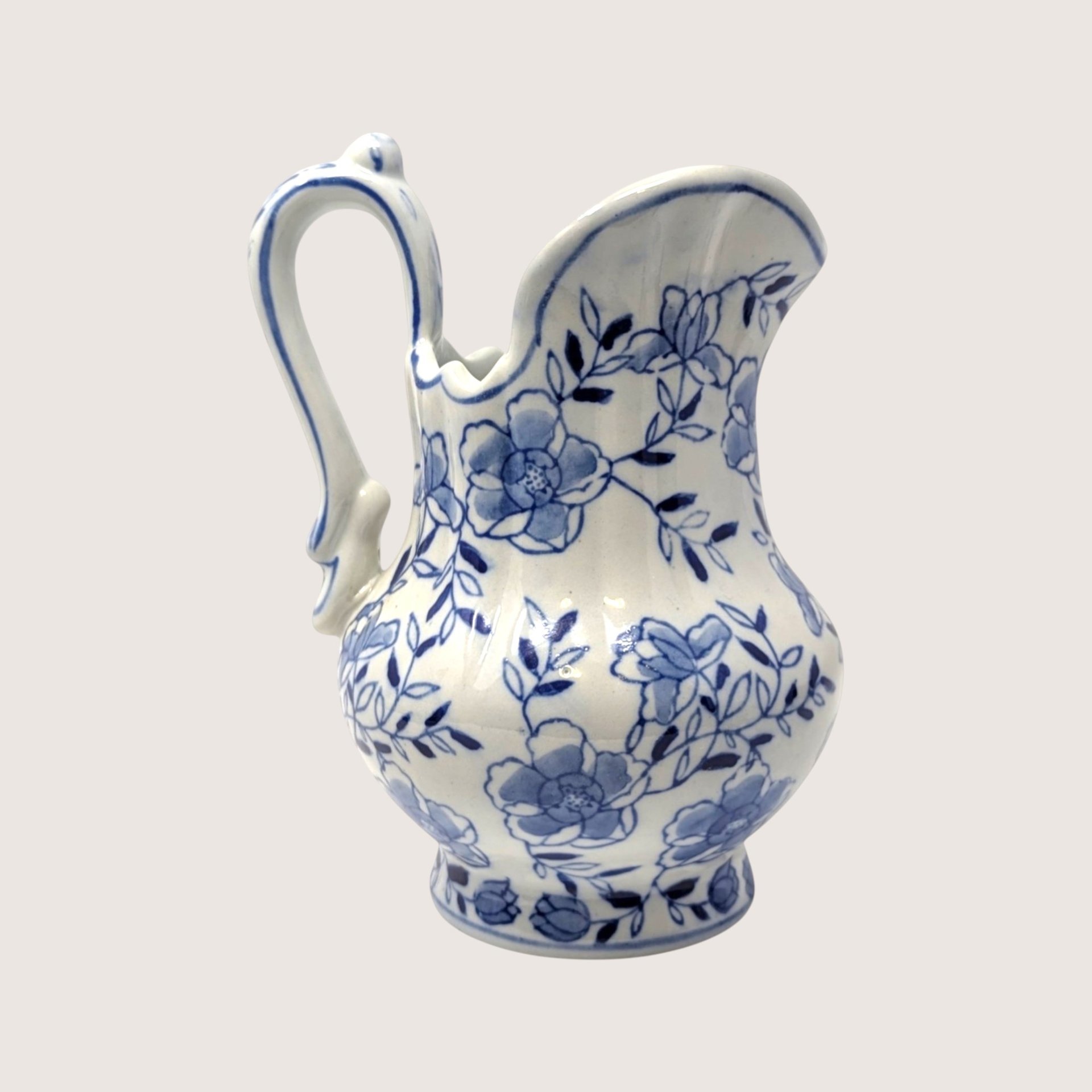 1980s Andrea by Sadek Blue and White Floral Pitcher