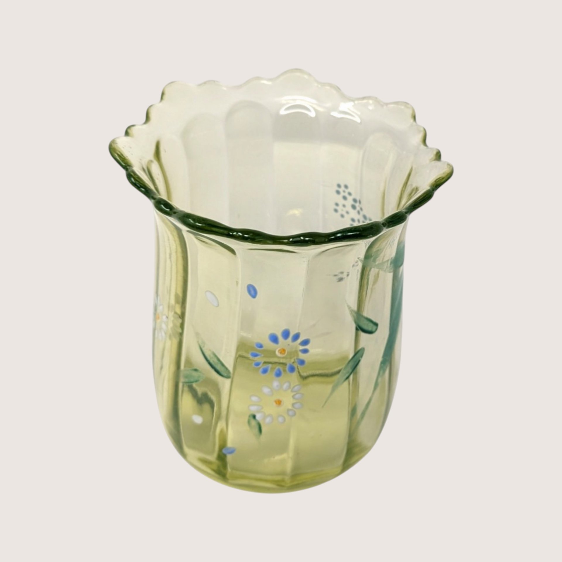 1900s Beaumont Glass Hand Painted Green Uranium Glass Vase