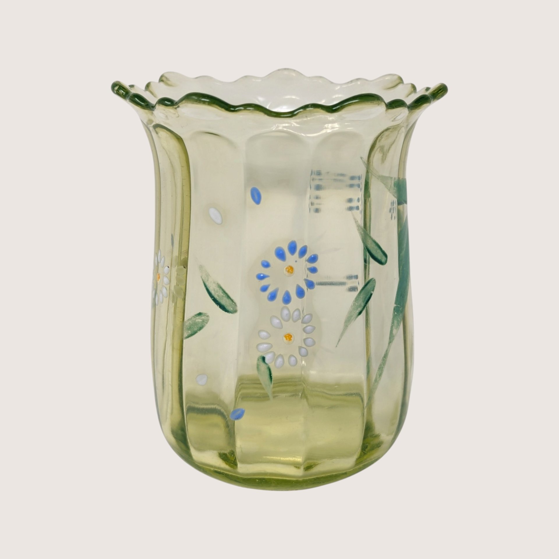 1900s Beaumont Glass Hand Painted Green Uranium Glass Vase