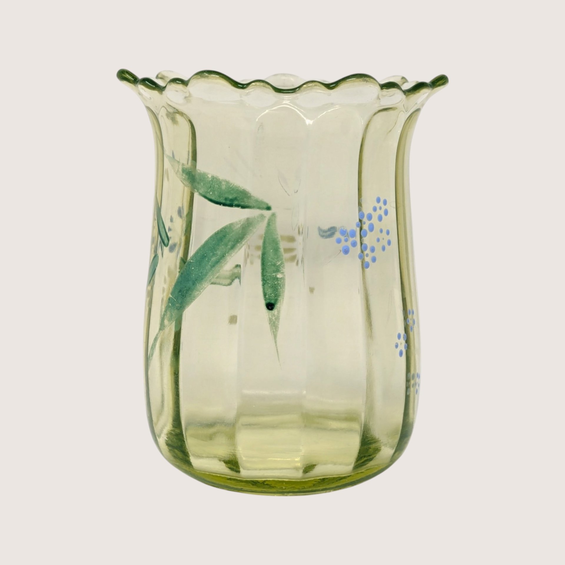 1900s Beaumont Glass Hand Painted Green Uranium Glass Vase