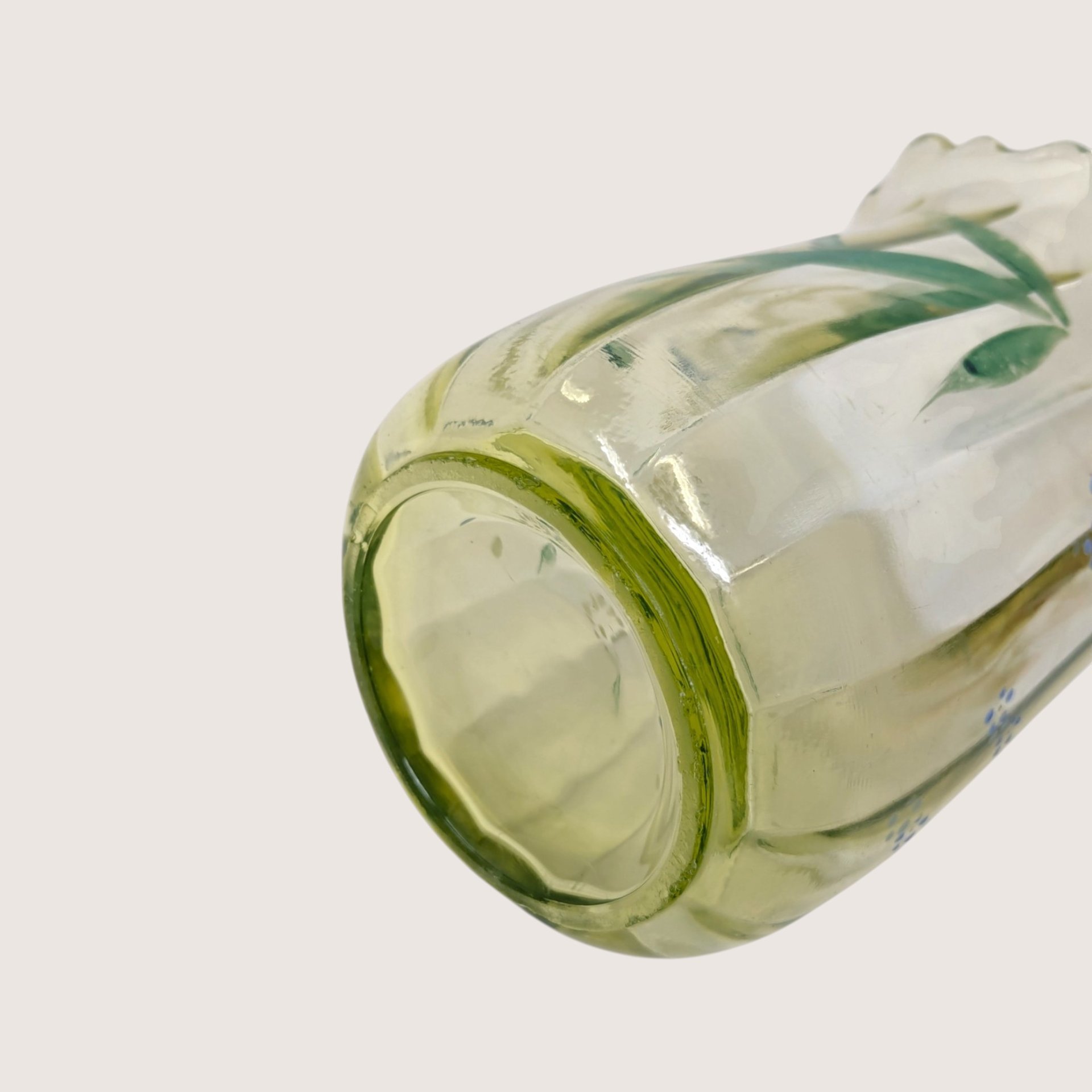 1900s Beaumont Glass Hand Painted Green Uranium Glass Vase