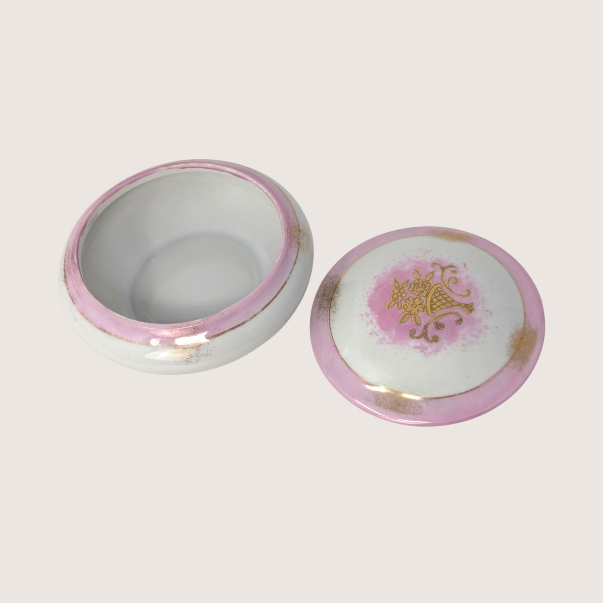 1950s Japanese Porcelain Pink and Gold Trinket Box