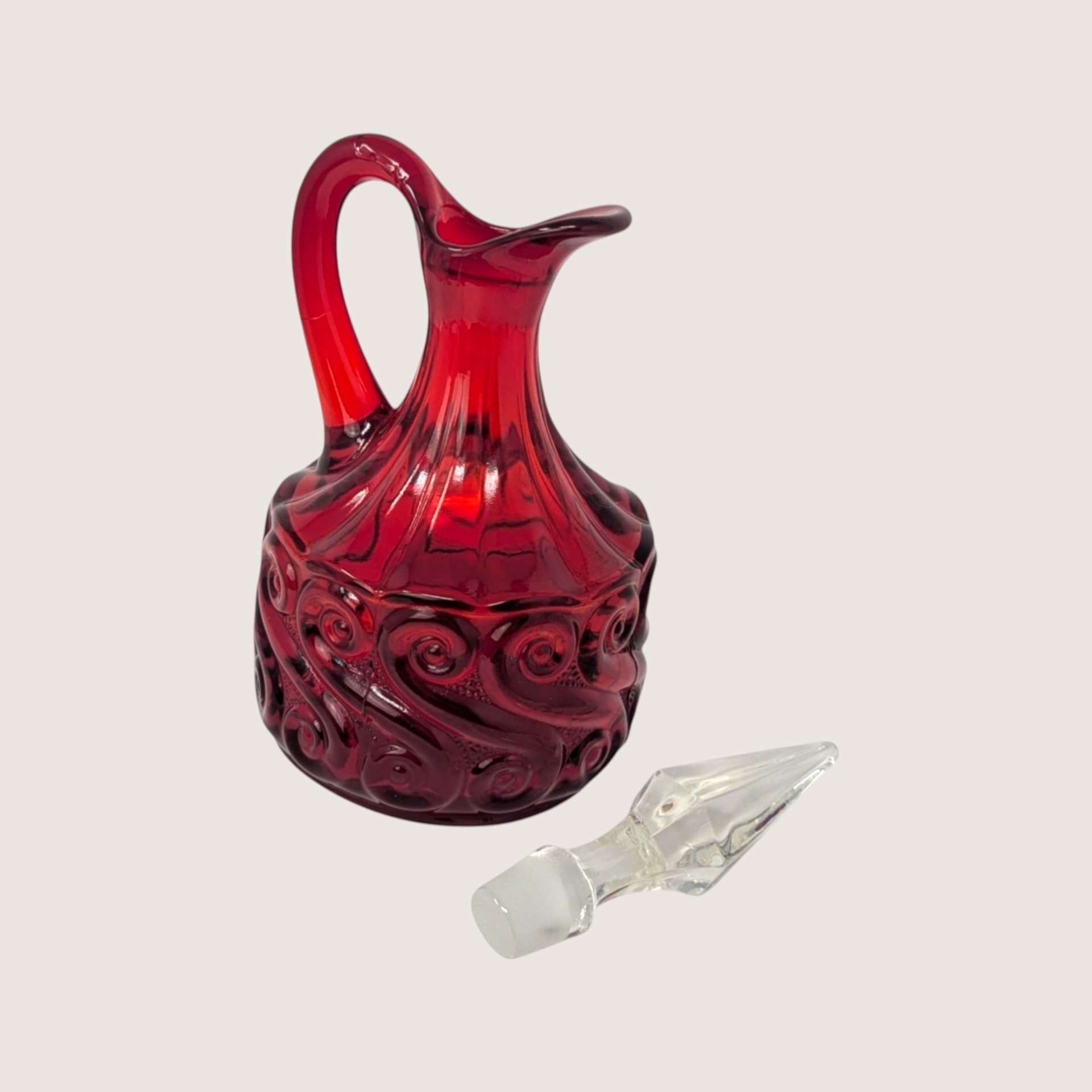 1960s Fenton Ruby Red Glass Scroll Cruet