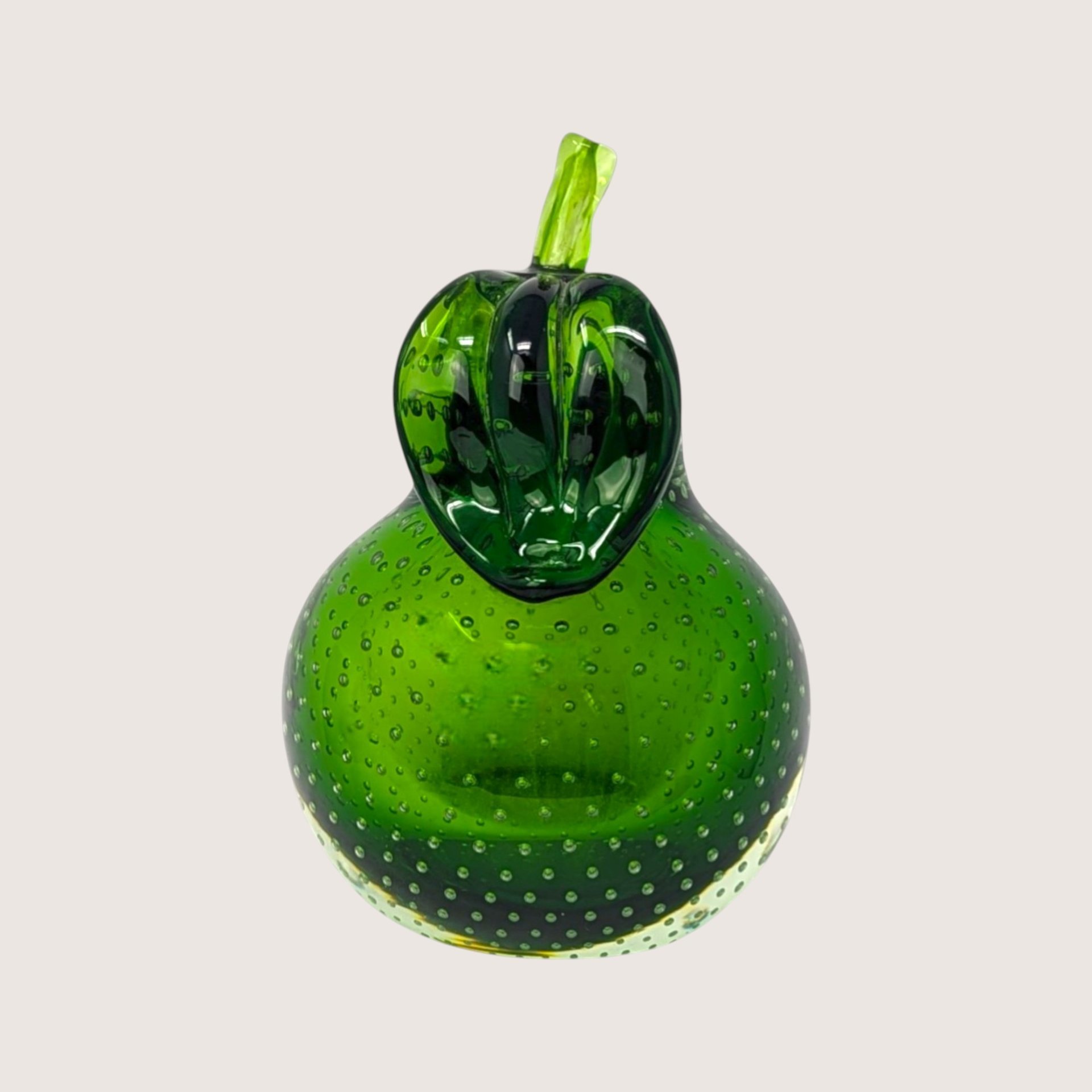 1970s Murano Bullicante Green Glass Pear Paperweight