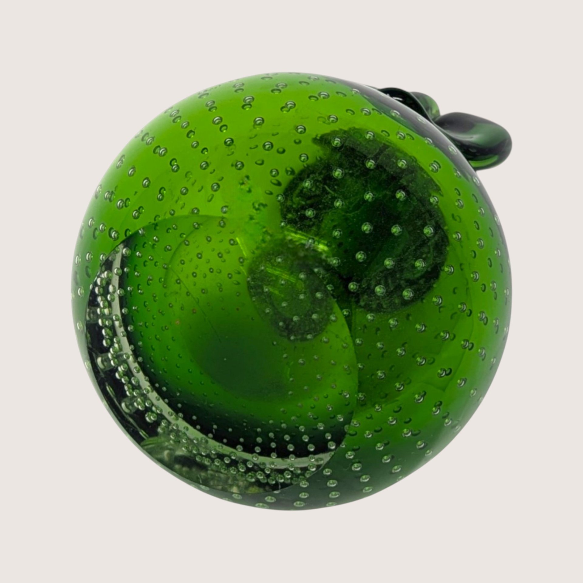 1970s Murano Bullicante Green Glass Pear Paperweight
