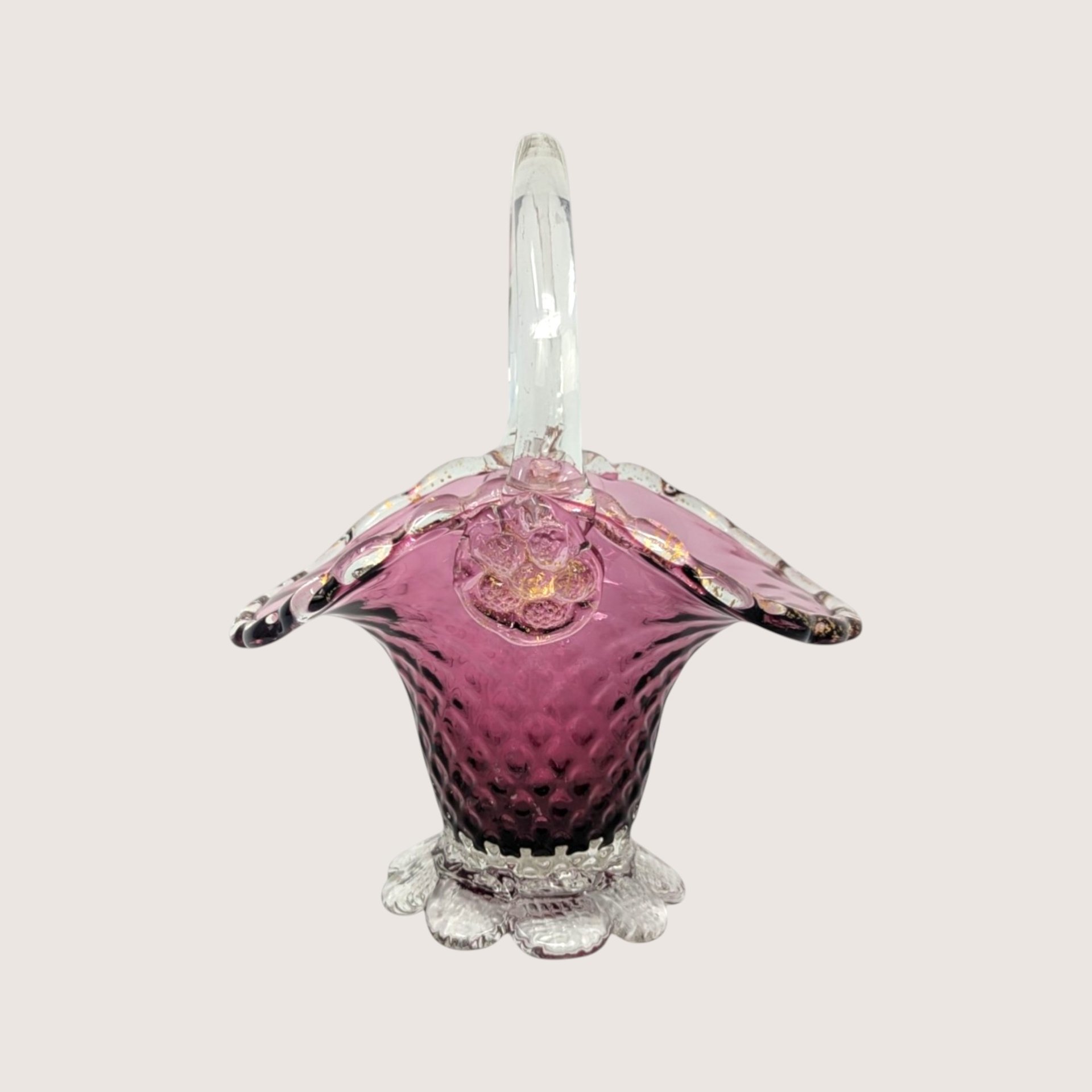 1960s Fenton Cranberry Glass Diamond Lace Basket