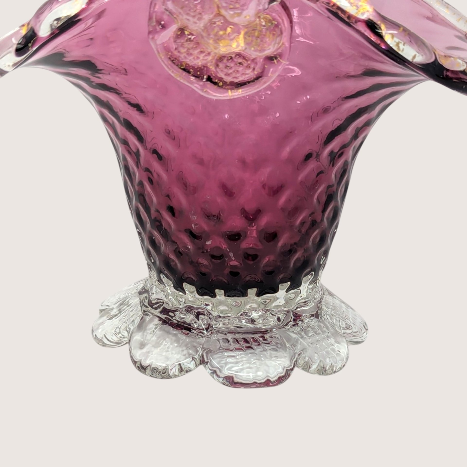 1960s Fenton Cranberry Glass Diamond Lace Basket