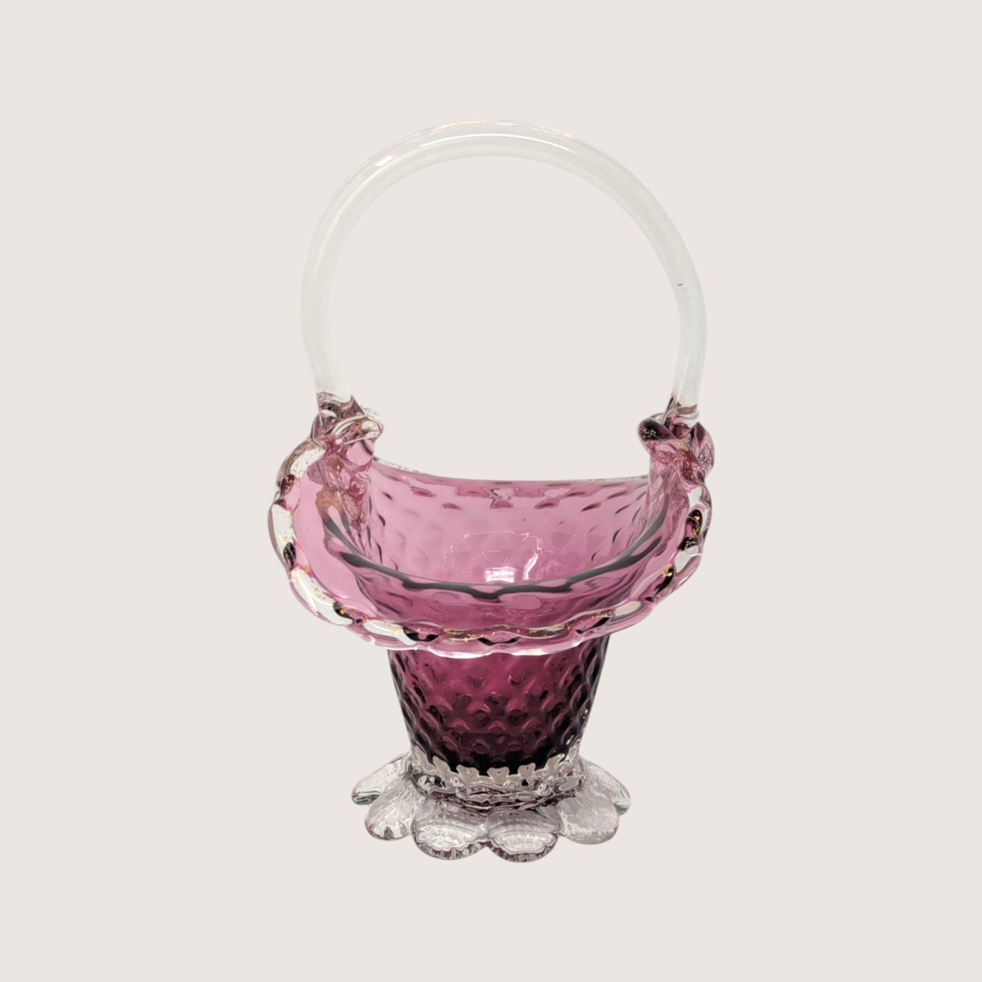 1960s Fenton Cranberry Glass Diamond Lace Basket