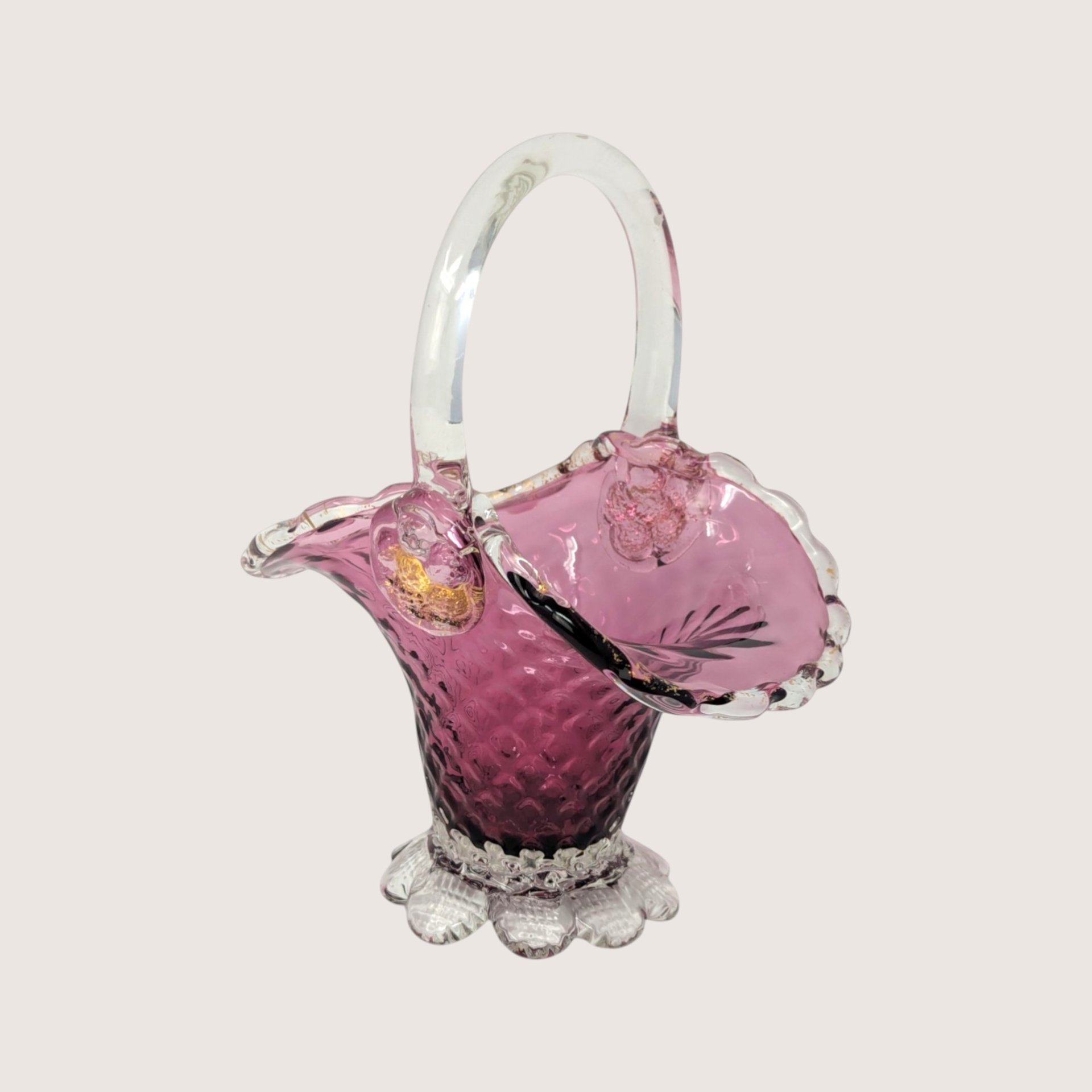 1960s Fenton Cranberry Glass Diamond Lace Basket