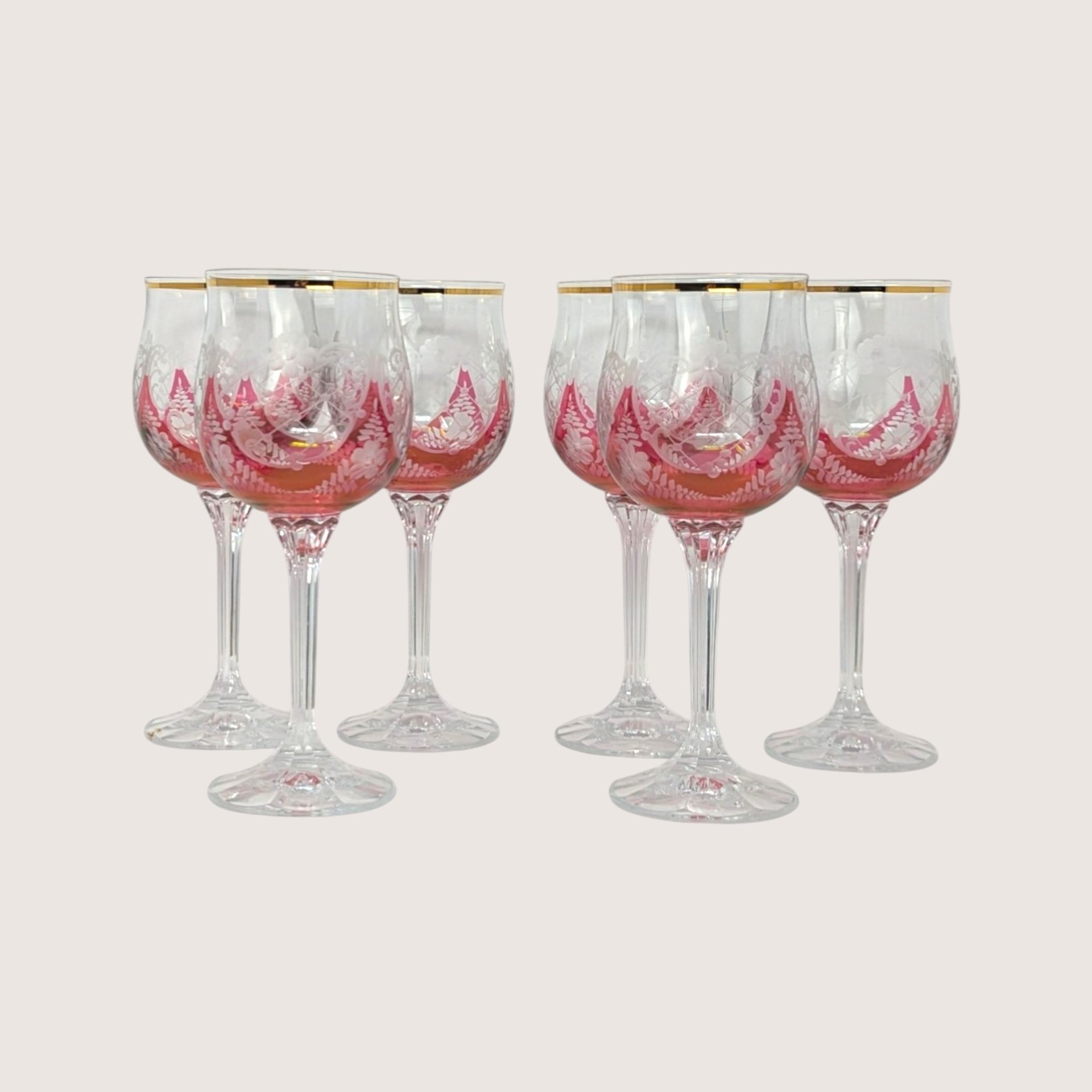 1960s Cranberry Cut to Clear Gold Rim Wine Glasses