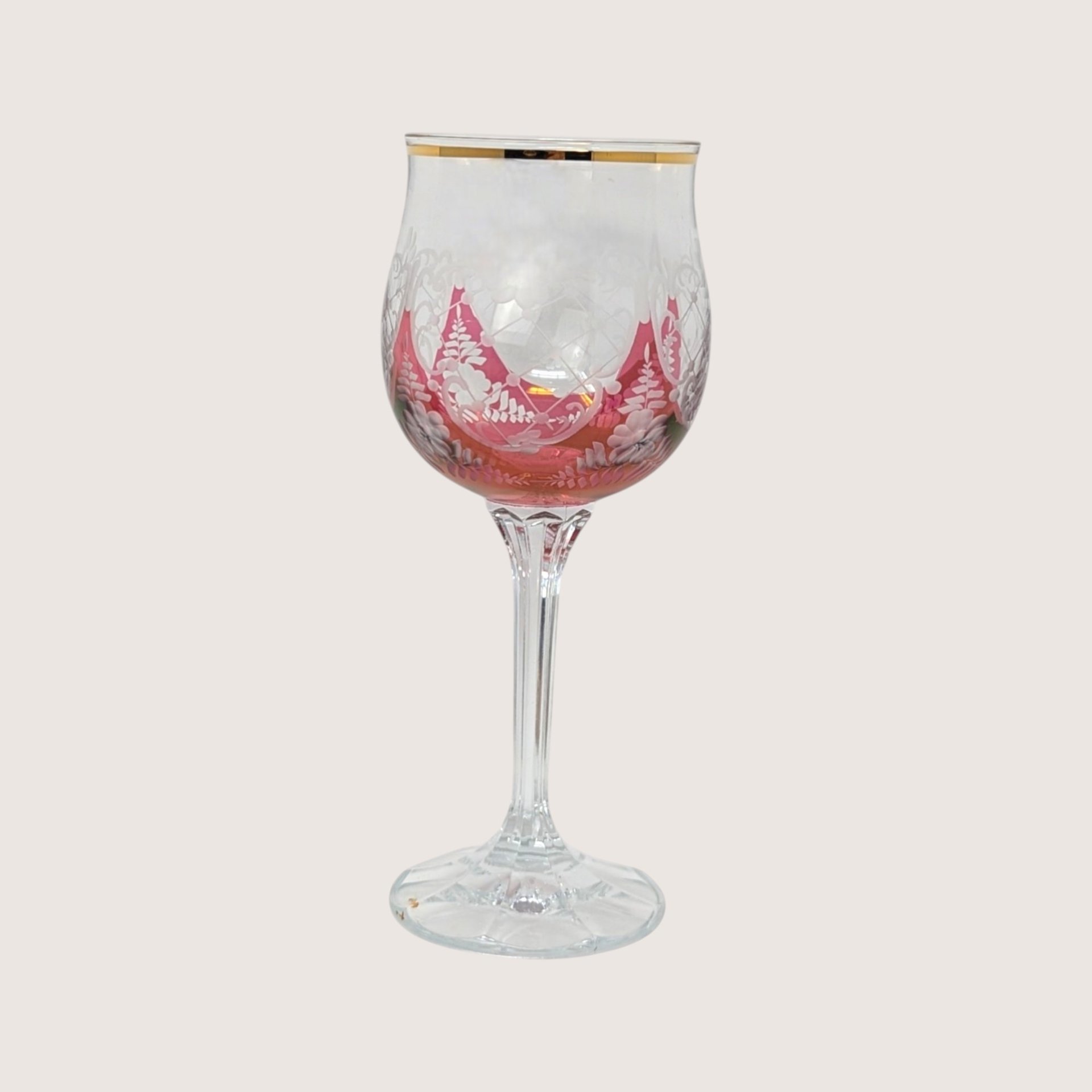 1960s Cranberry Cut to Clear Gold Rim Wine Glasses