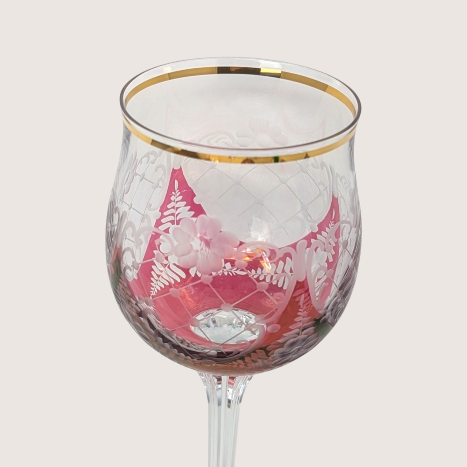 1960s Cranberry Cut to Clear Gold Rim Wine Glasses