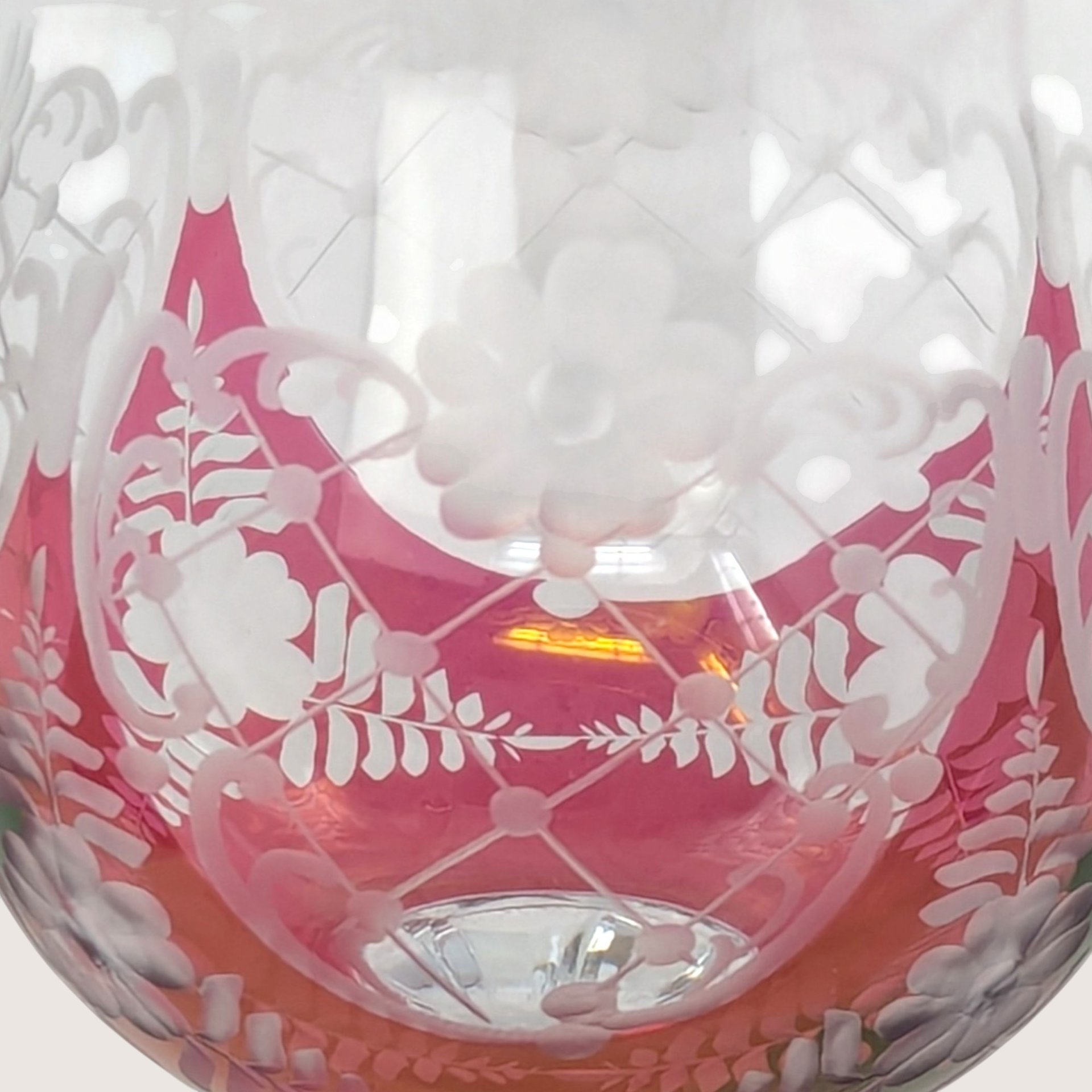 1960s Cranberry Cut to Clear Gold Rim Wine Glasses
