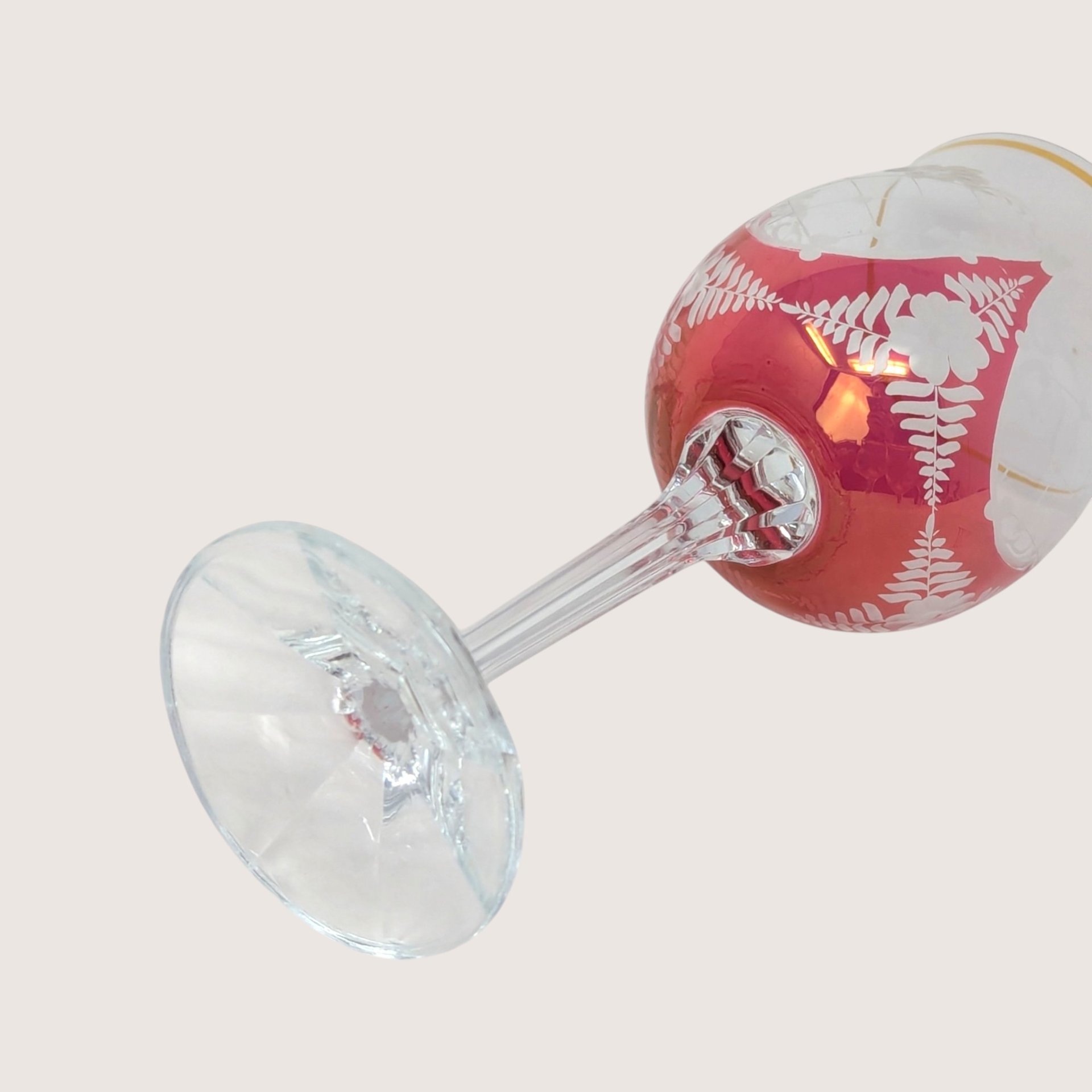 1960s Cranberry Cut to Clear Gold Rim Wine Glasses