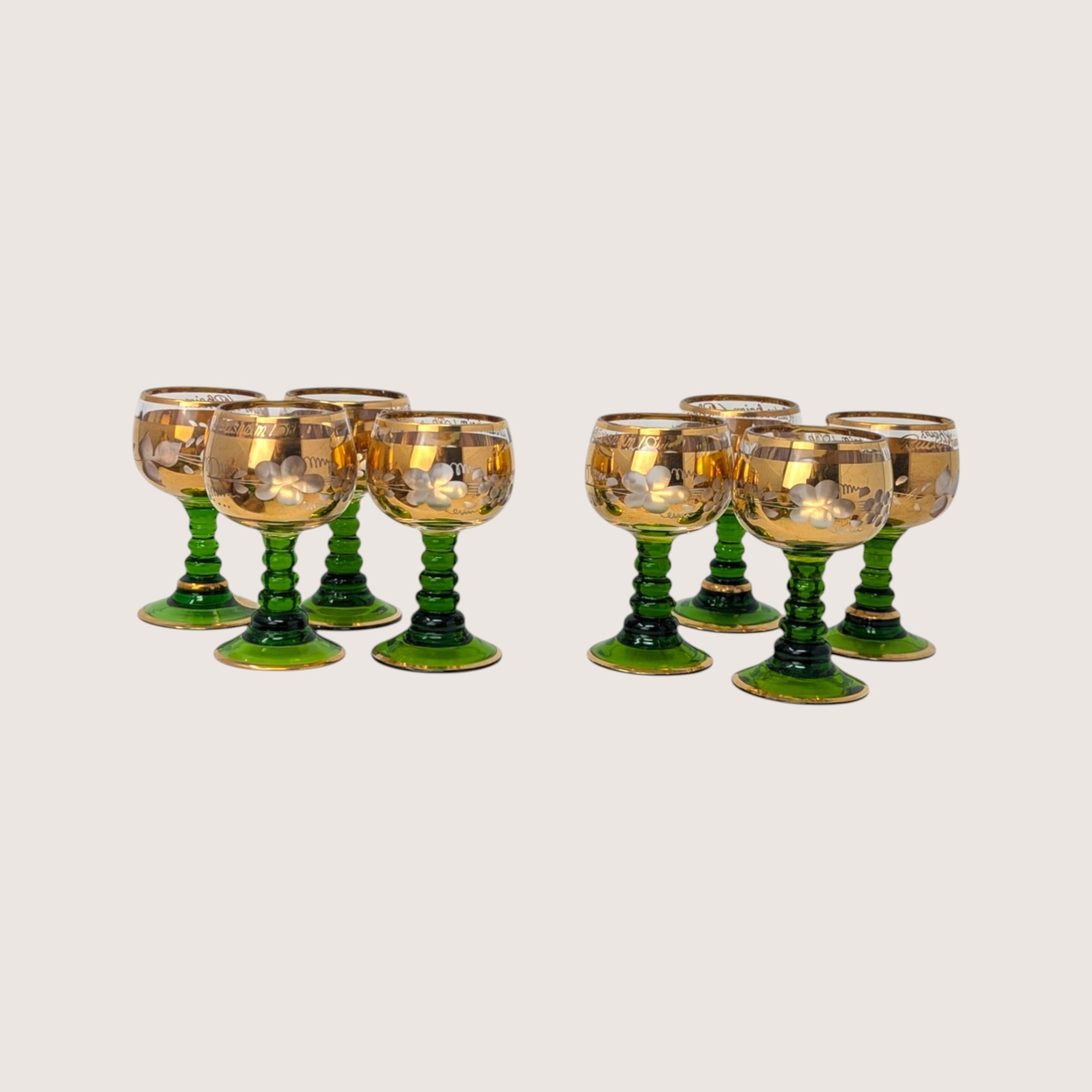 1960s Bohemian Green Glass Hand Painted Cordial Set