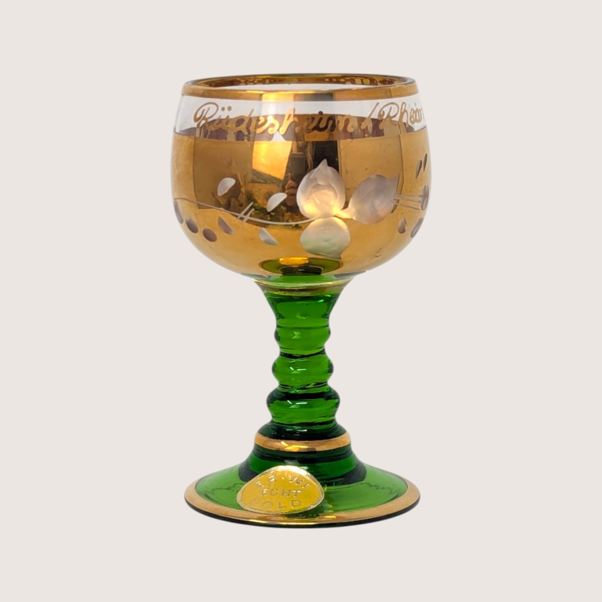 1960s Bohemian Green Glass Hand Painted Cordial Set