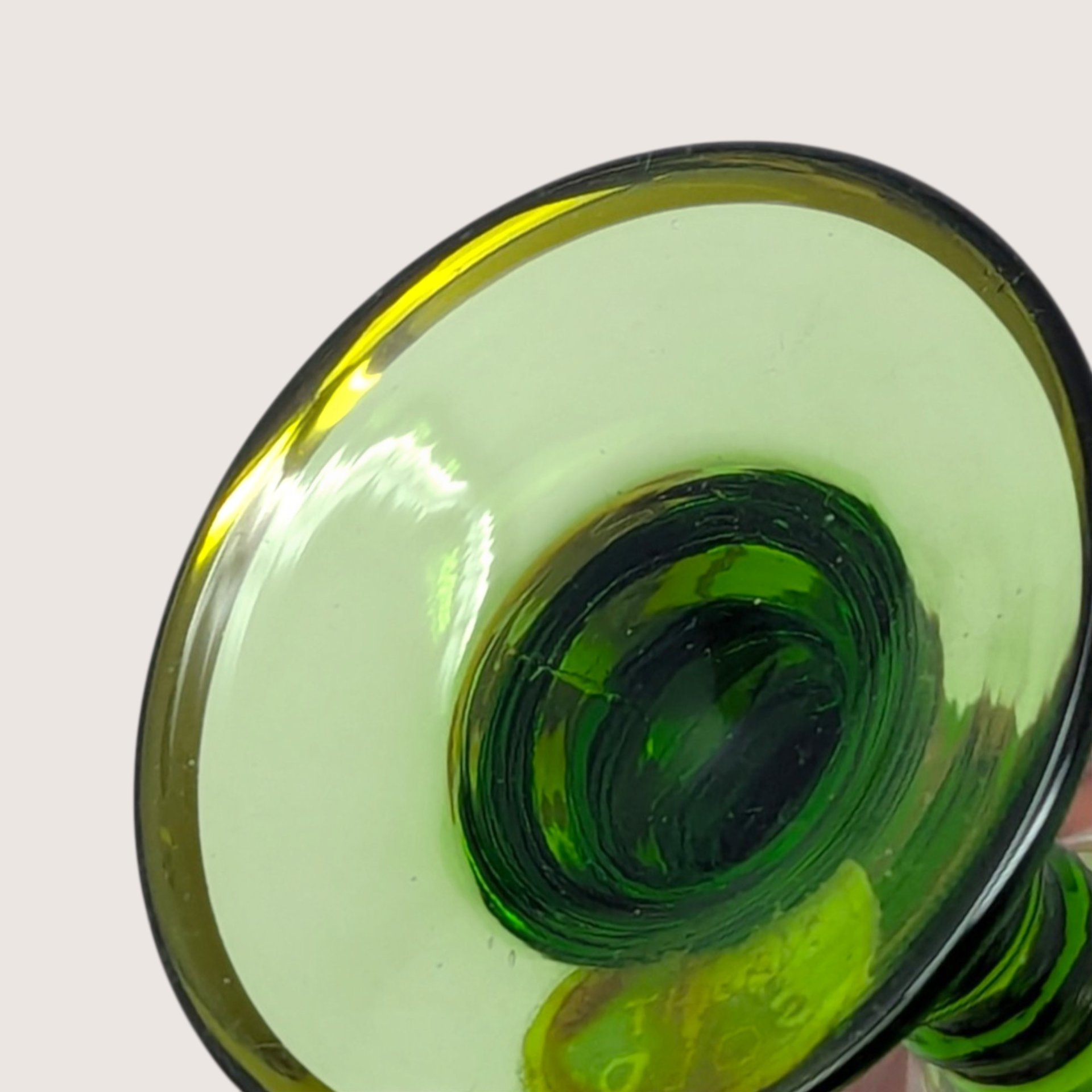 1960s Bohemian Green Glass Hand Painted Cordial Set