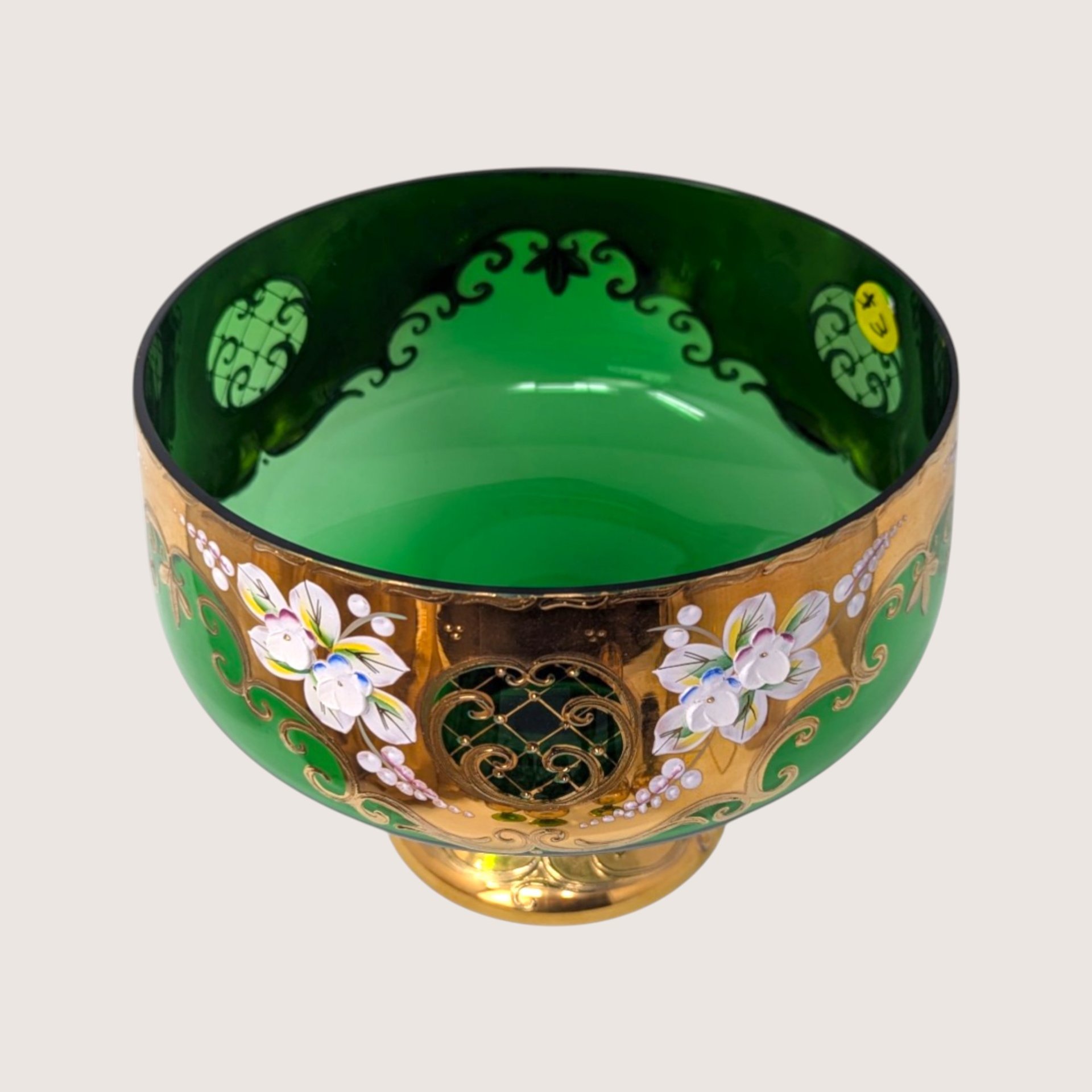 1960s Bohemian Green Glass Hand Painted Cordial Set