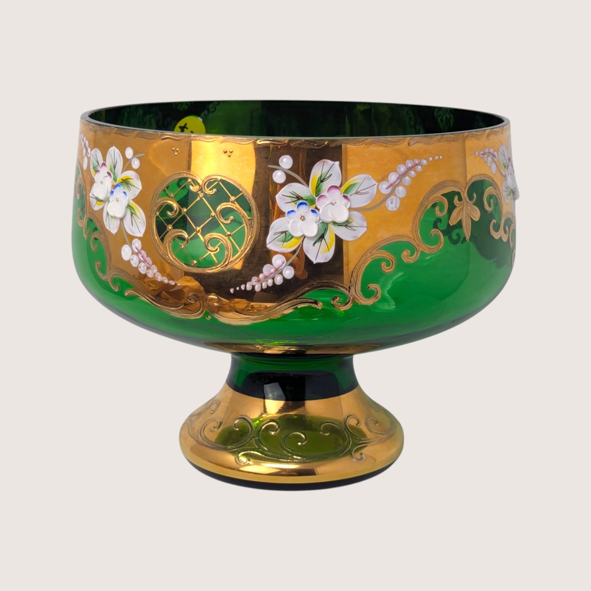 1960s Bohemian Green Glass Hand Painted Cordial Set