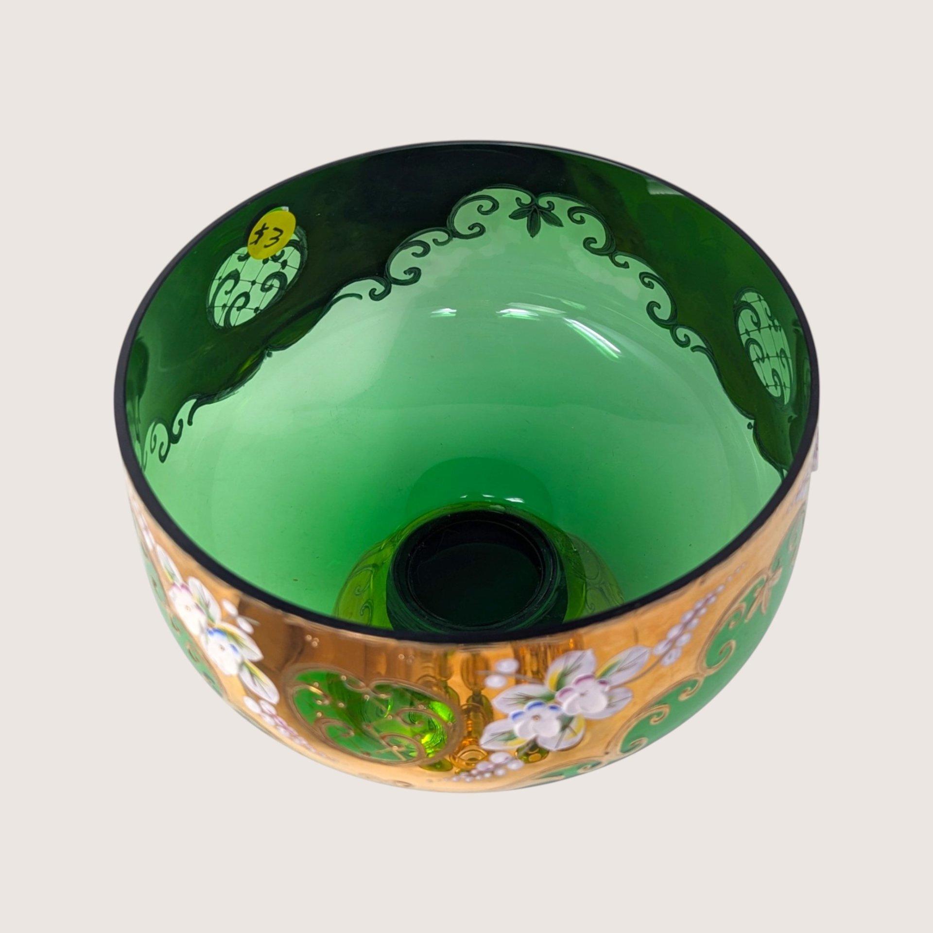 1960s Bohemian Green Glass Hand Painted Cordial Set