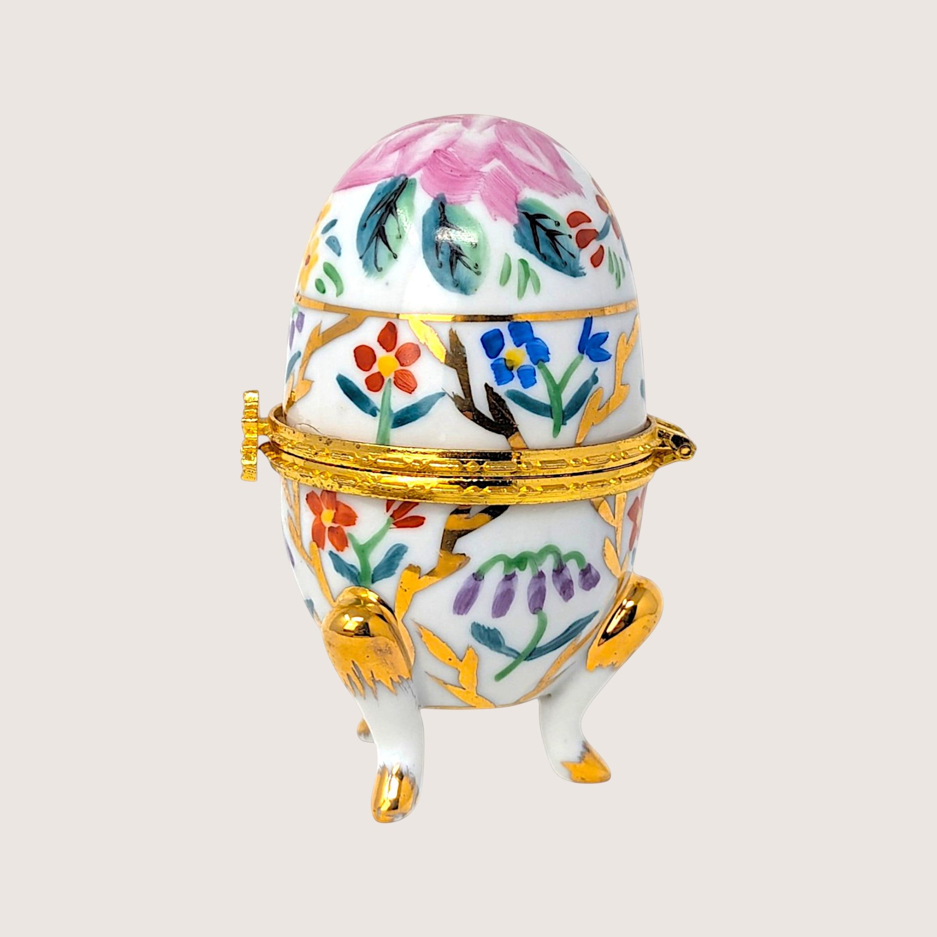 1970s Hand Painted Floral Porcelain Egg Trinket Box