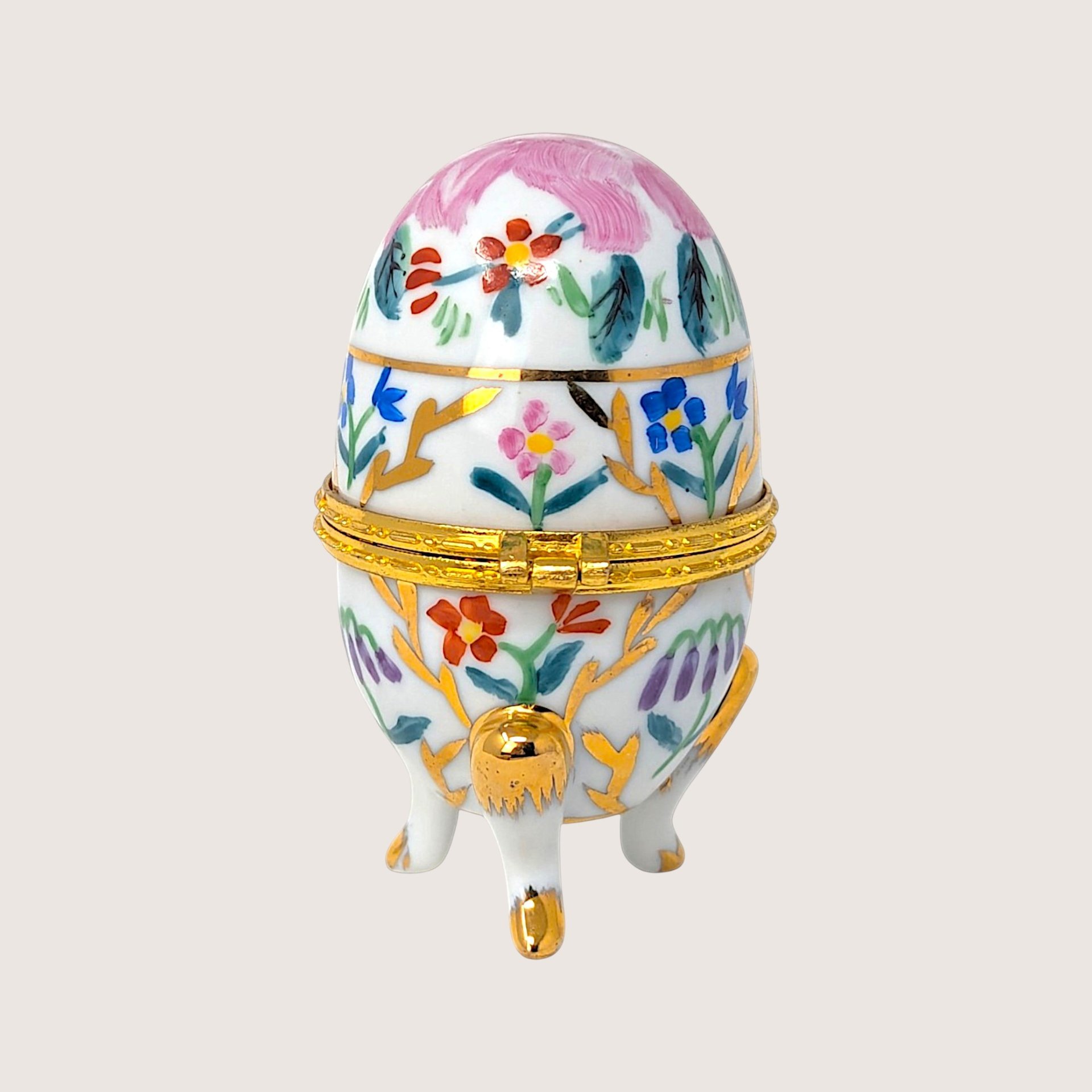 1970s Hand Painted Floral Porcelain Egg Trinket Box