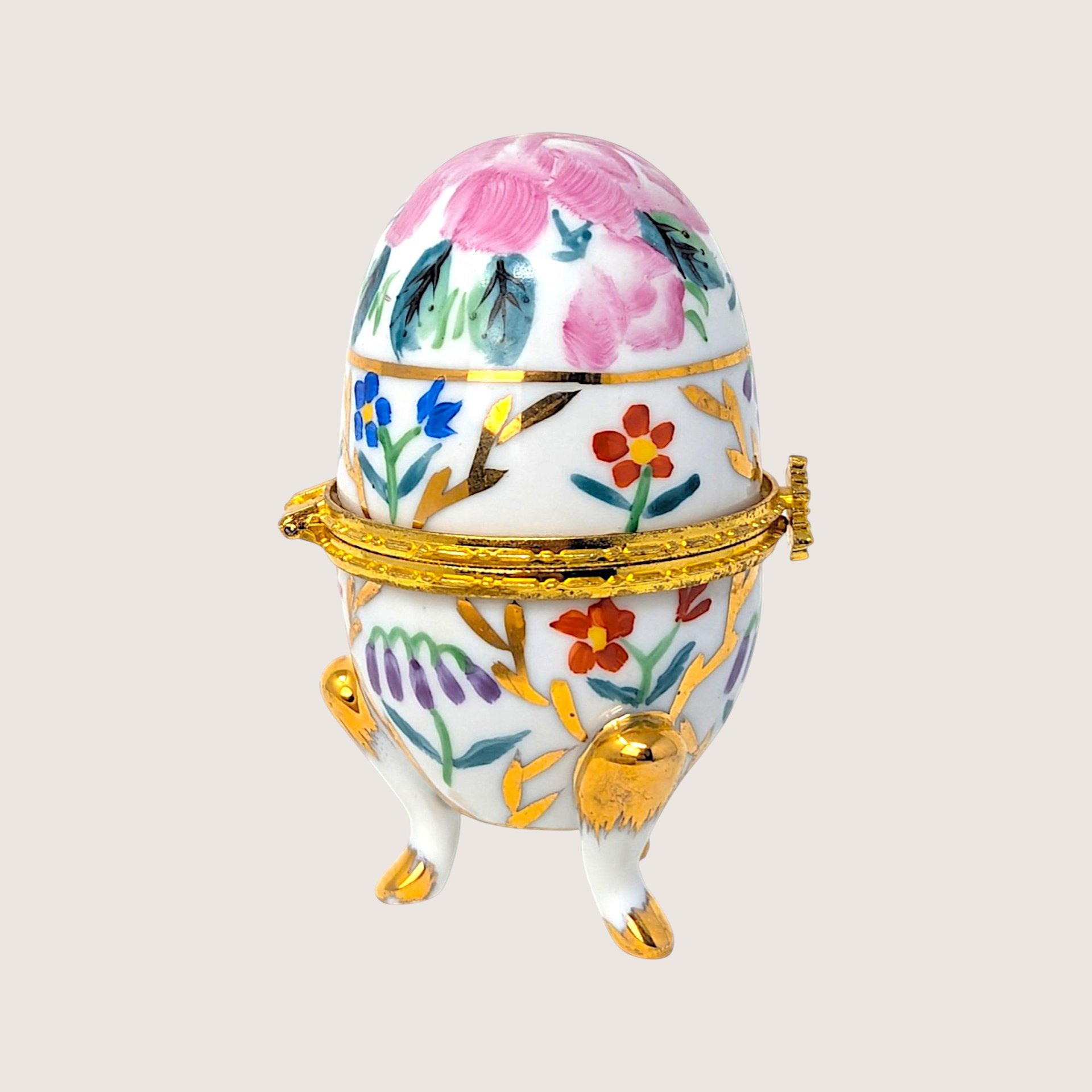 1970s Hand Painted Floral Porcelain Egg Trinket Box