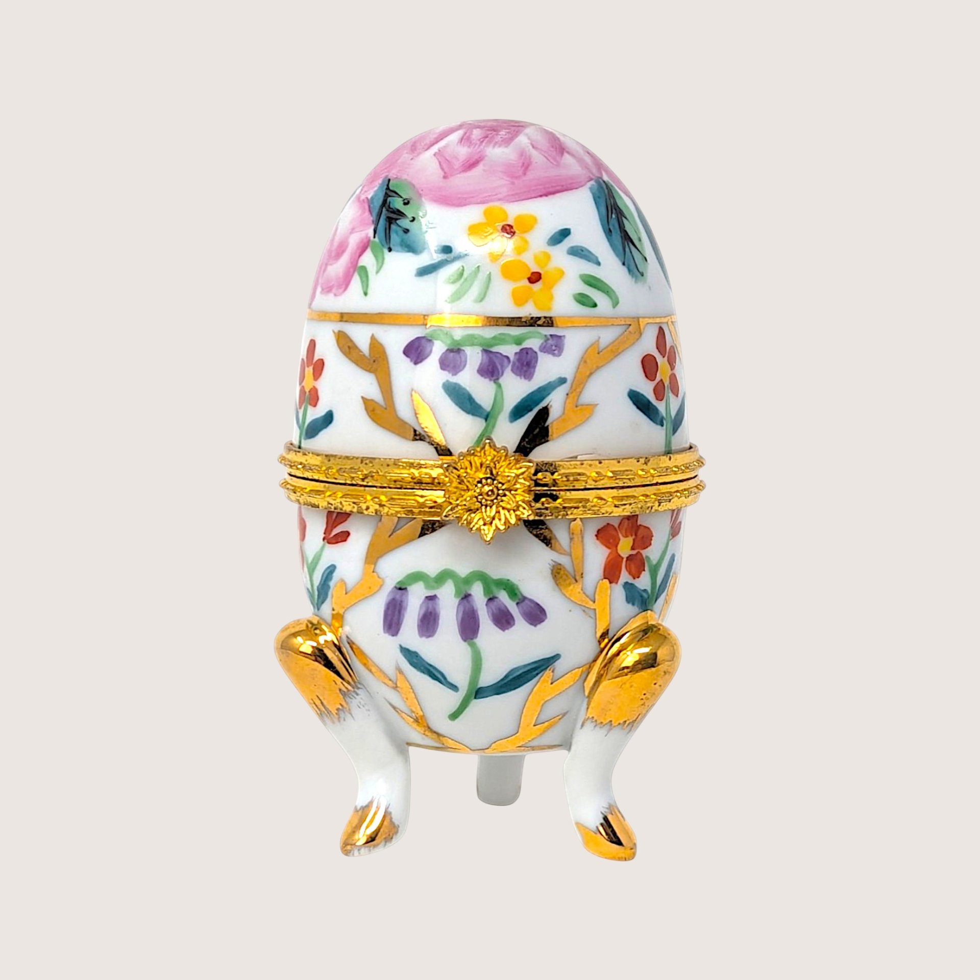 1970s Hand Painted Floral Porcelain Egg Trinket Box