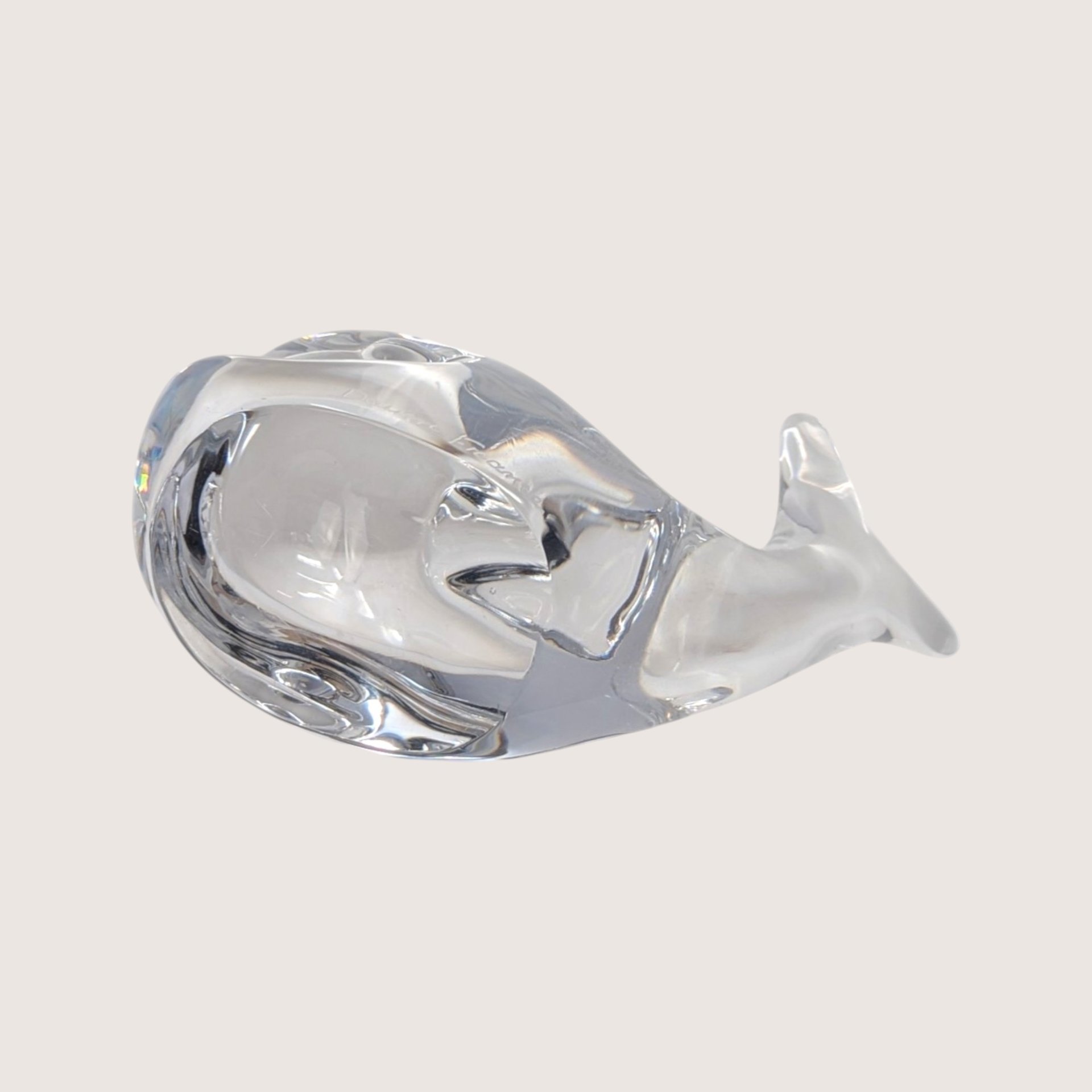 1970s Daum Nancy Signed Clear Crystal Whale Figurine Paperweight