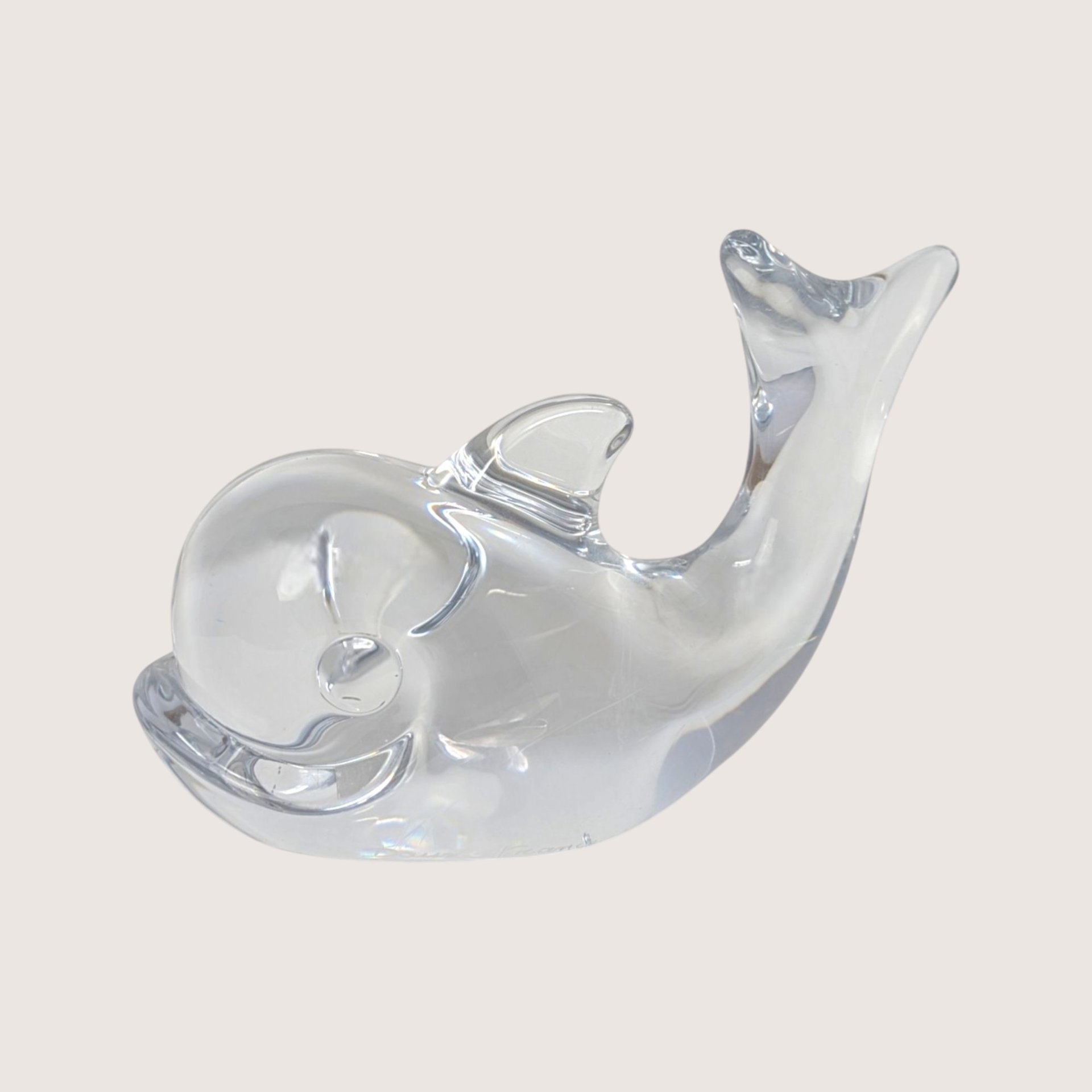 1970s Daum Nancy Signed Clear Crystal Whale Figurine Paperweight