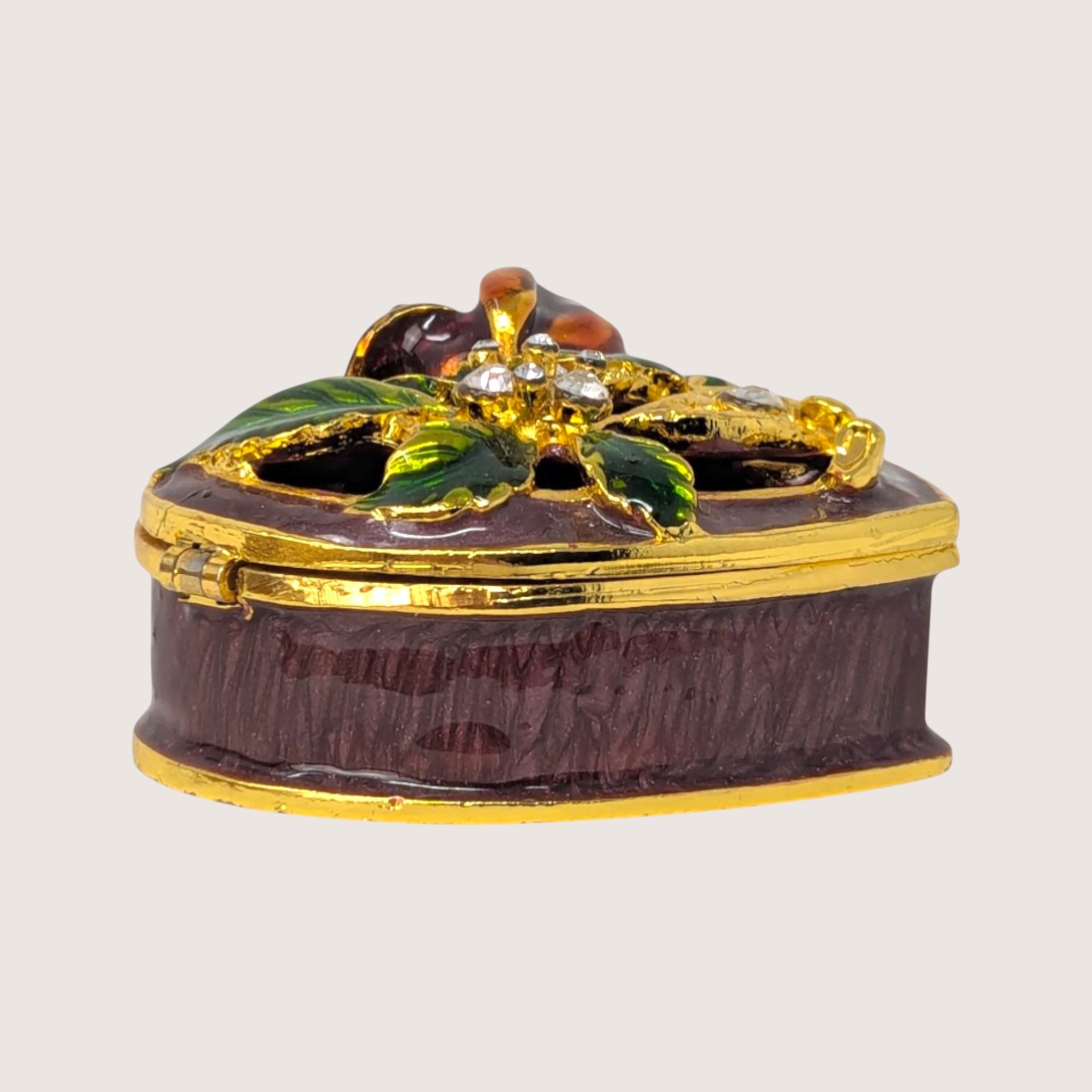 1990s Enameled Heart Floral Rhinestone Trinket Box