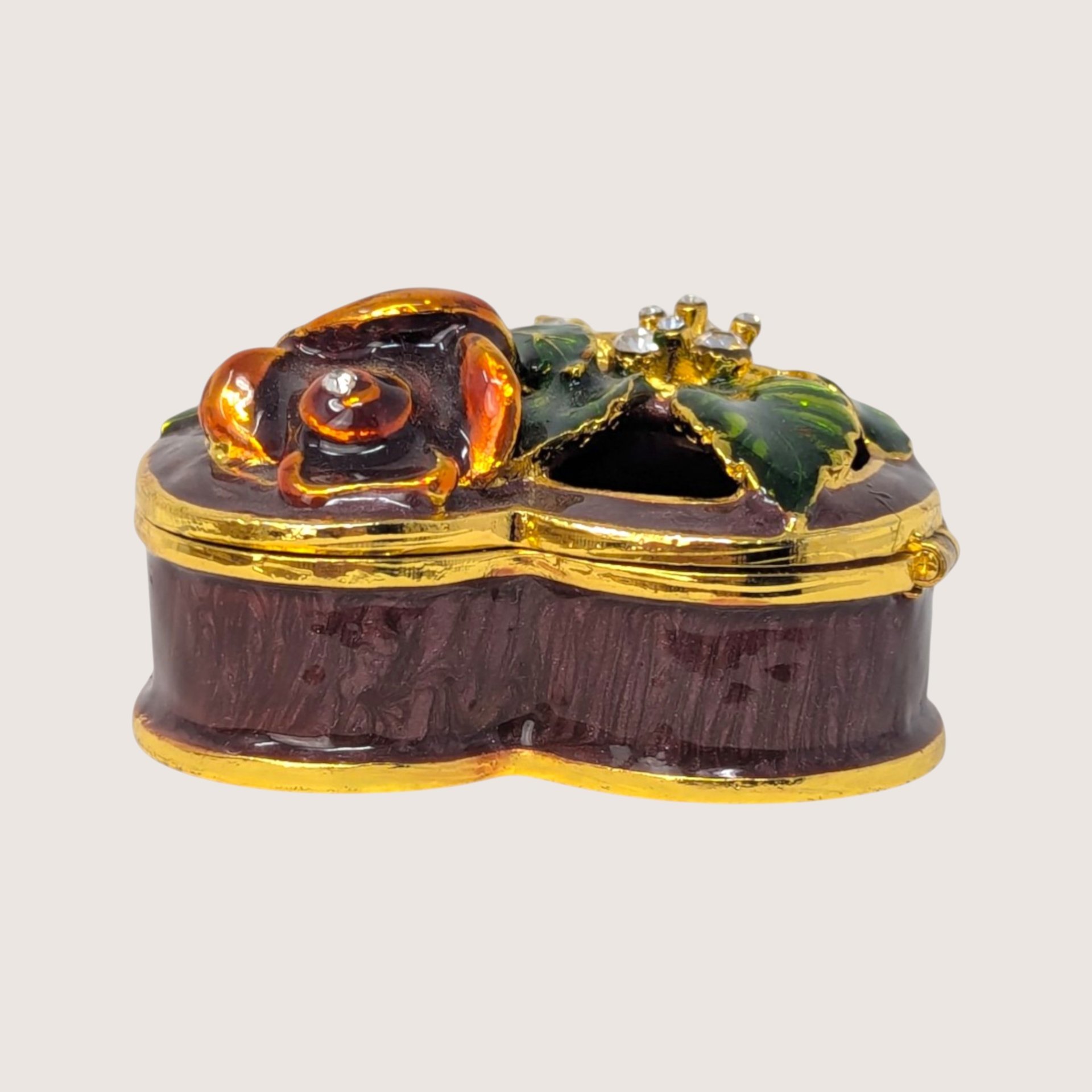 1990s Enameled Heart Floral Rhinestone Trinket Box
