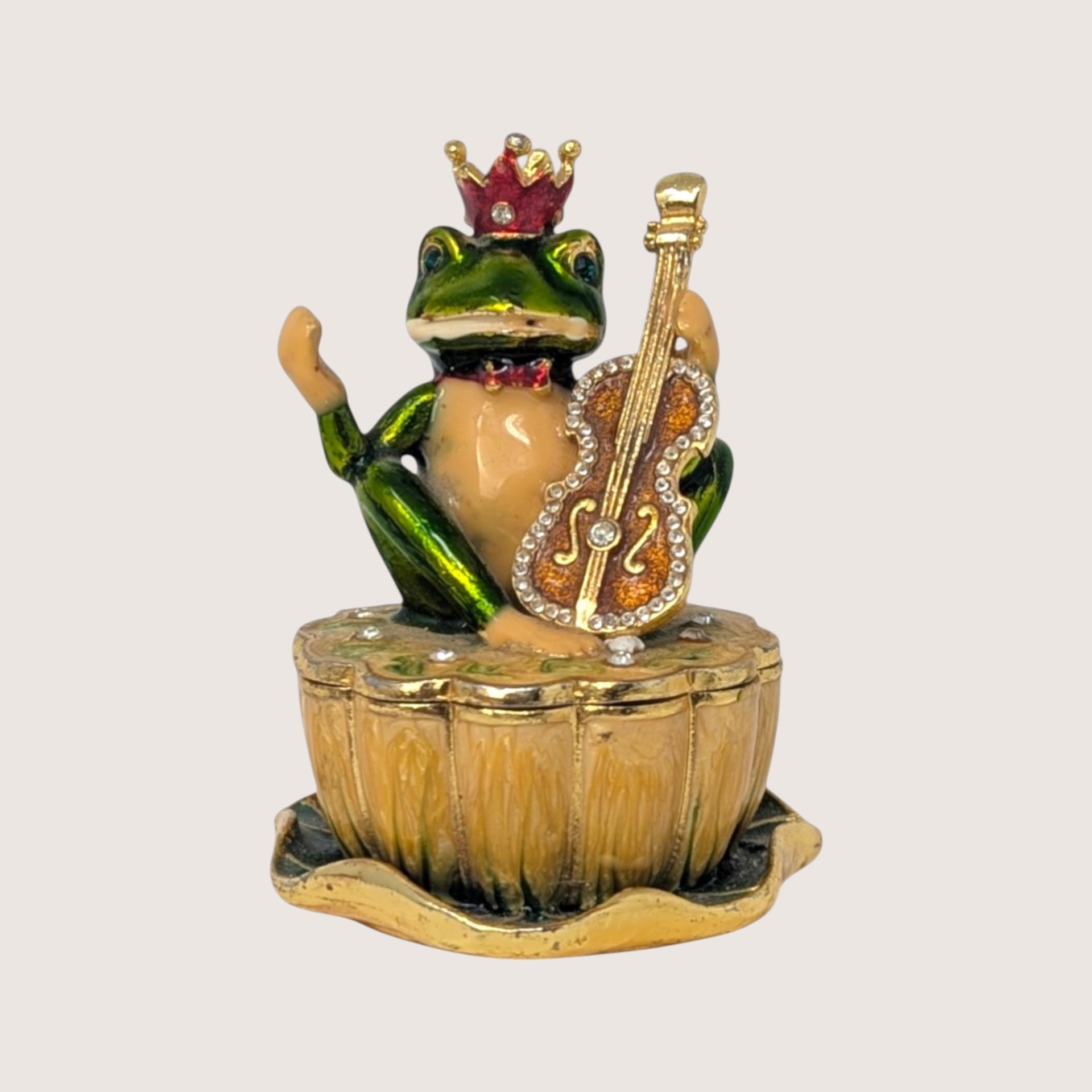 1990s Enameled Frog Prince Violin Trinket Box
