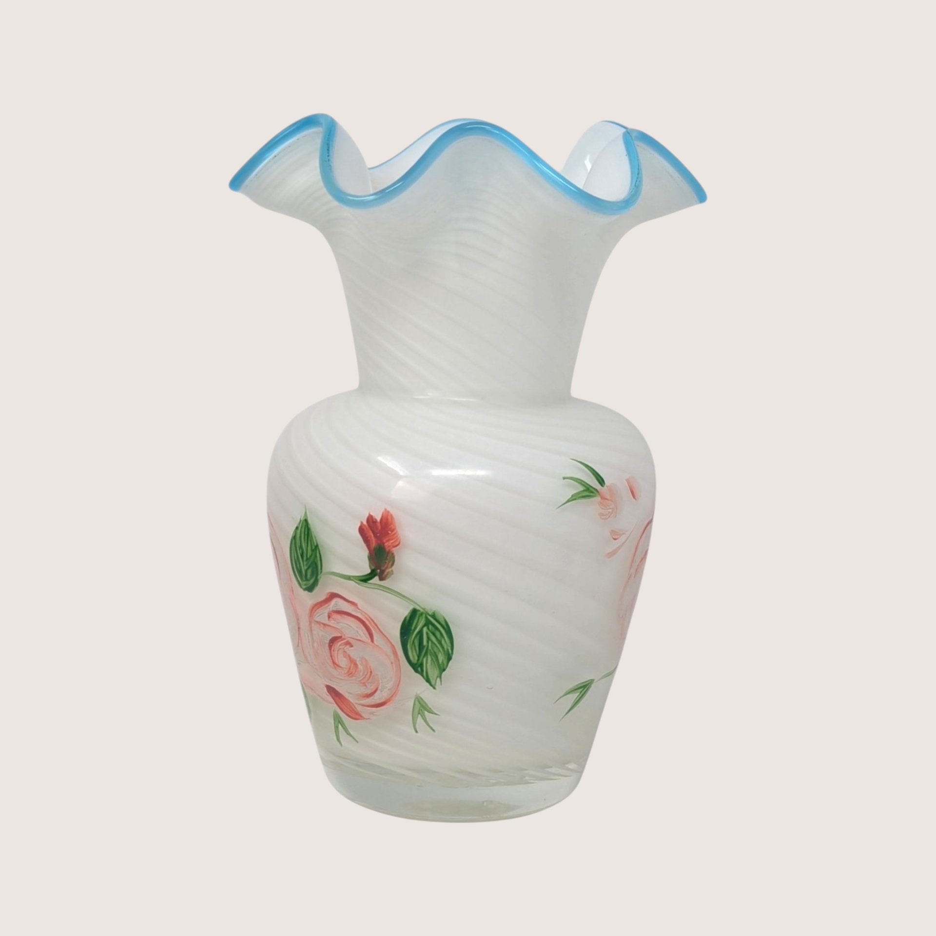 1970s Fenton Hand Painted Roses Opalescent Swirl Glass Vase