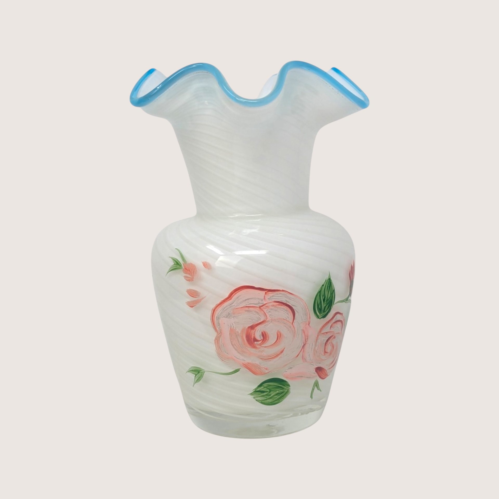 1970s Fenton Hand Painted Roses Opalescent Swirl Glass Vase