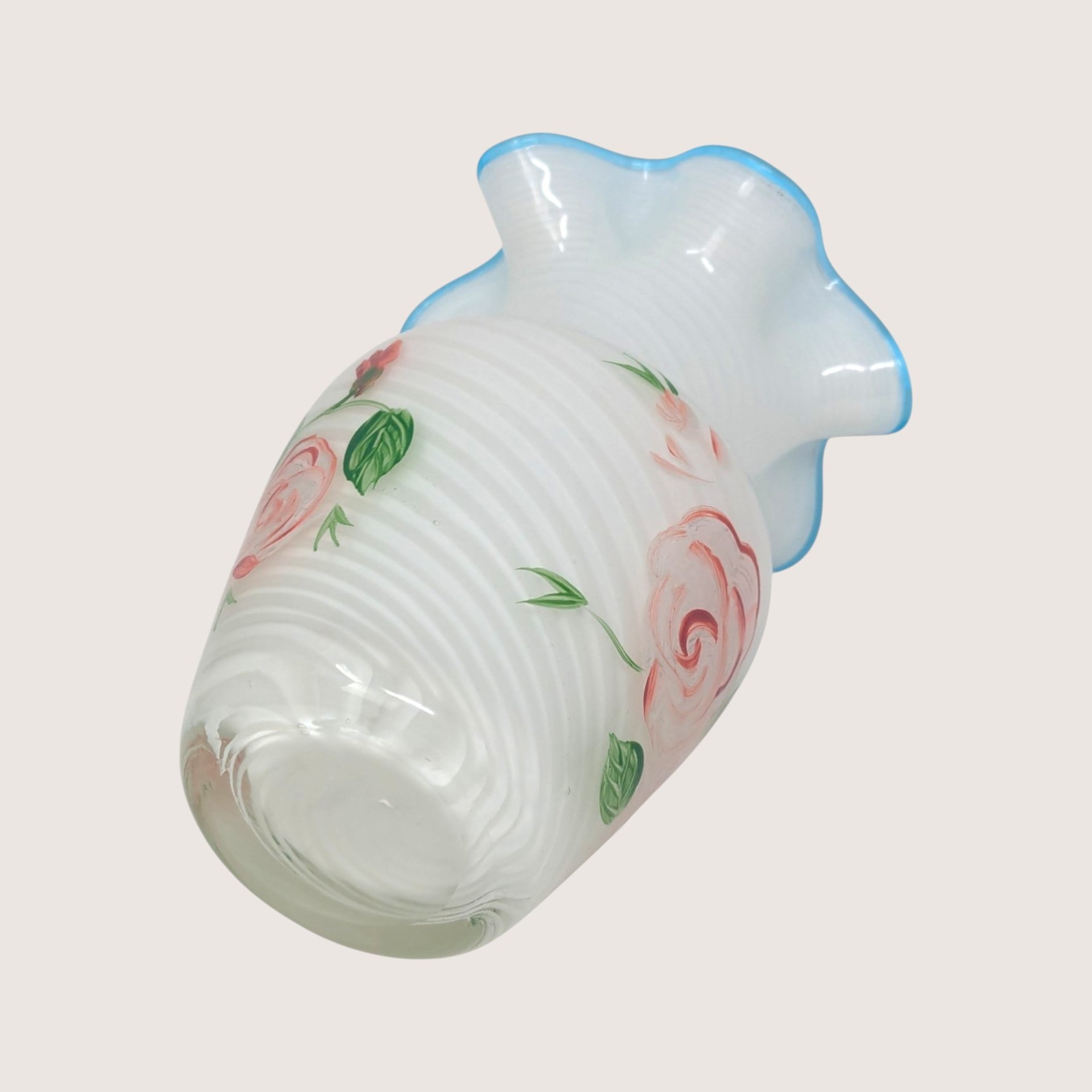 1970s Fenton Hand Painted Roses Opalescent Swirl Glass Vase