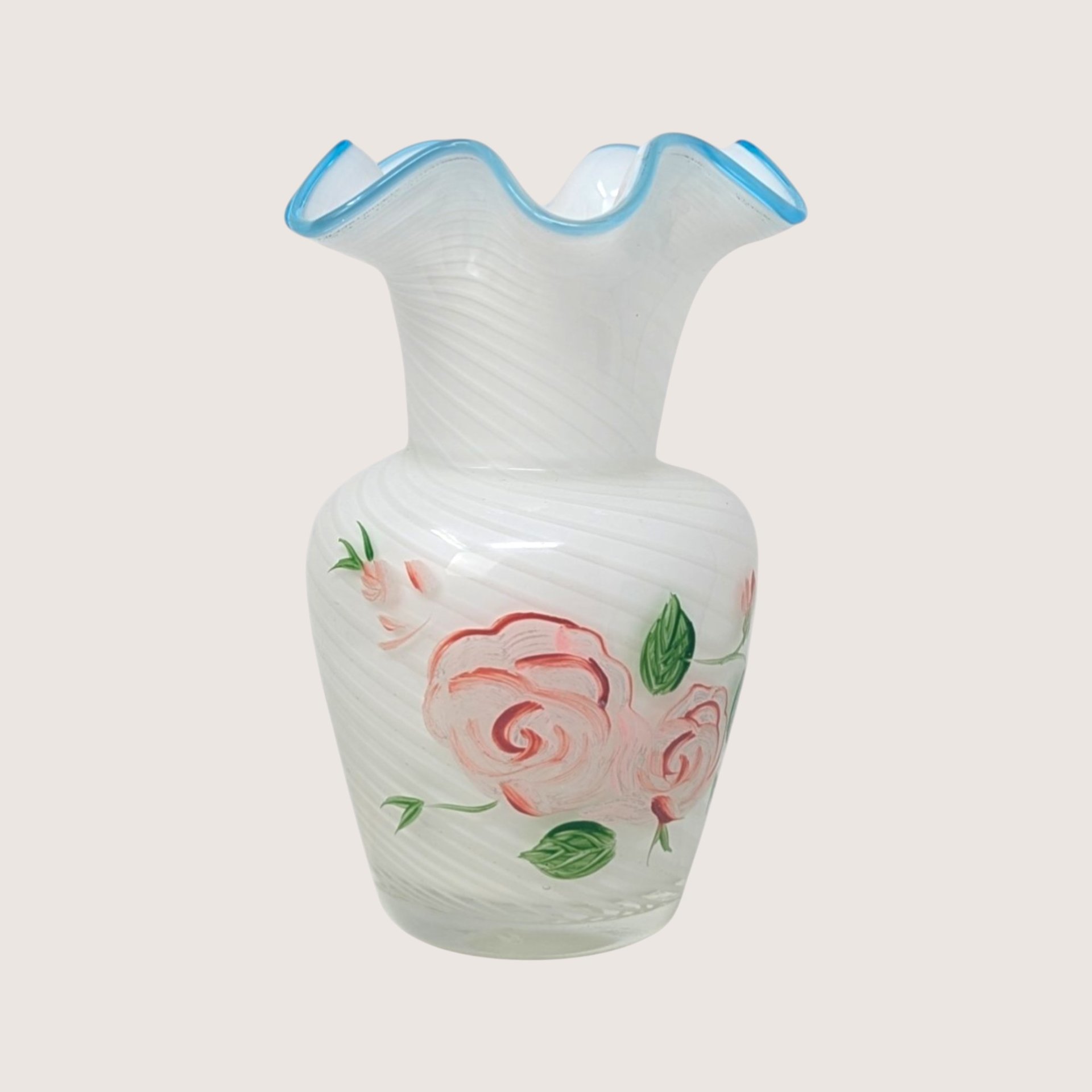 1970s Fenton Hand Painted Roses Opalescent Swirl Glass Vase