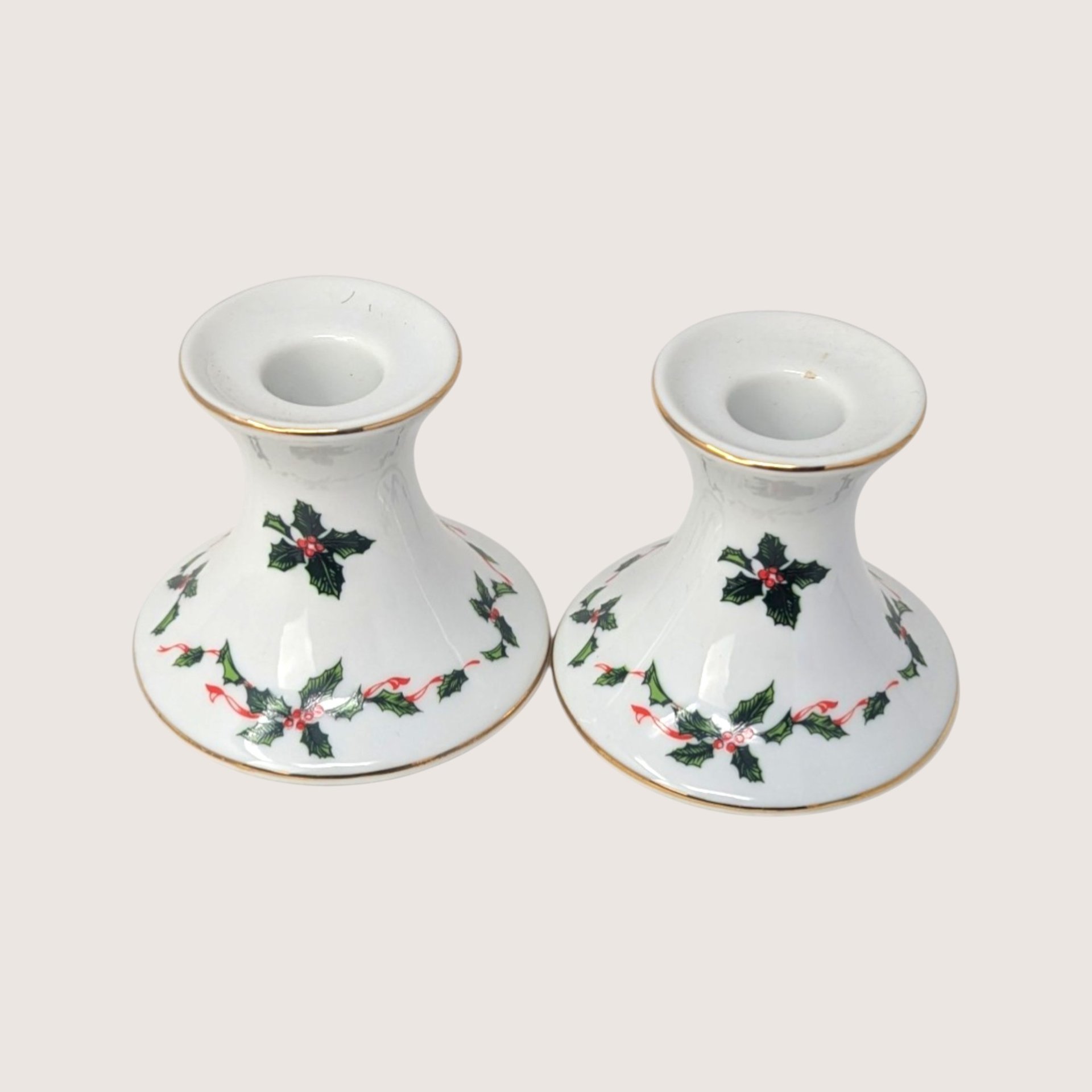 1960s Lefton Holly Berry Ceramic Candlestick Holder Pair
